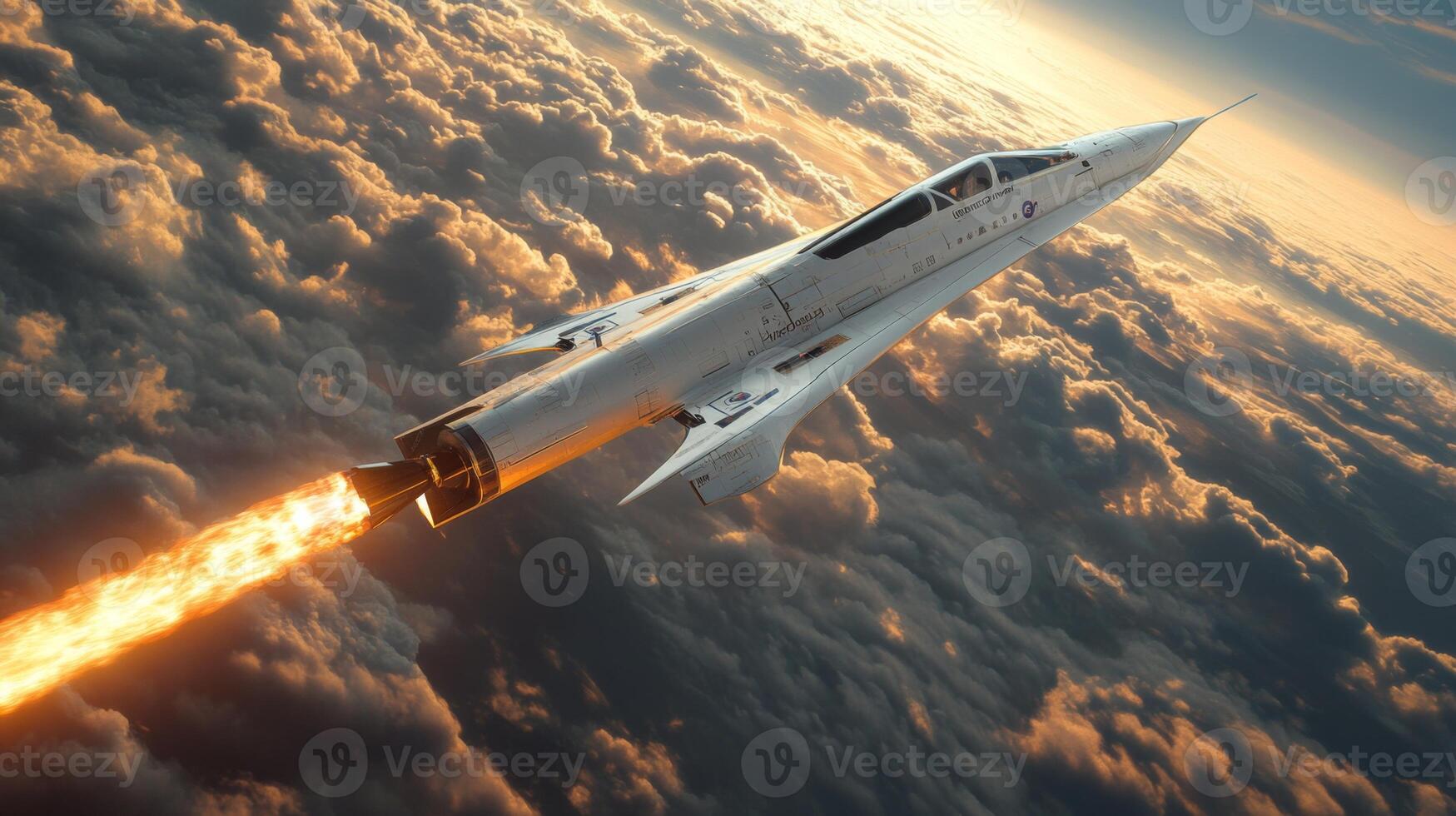 A spaceplane is soaring above the clouds, showcasing cutting edge propulsion technology as it engages in hypersonic flight. The craft generates a powerful flame as it accelerates. photo