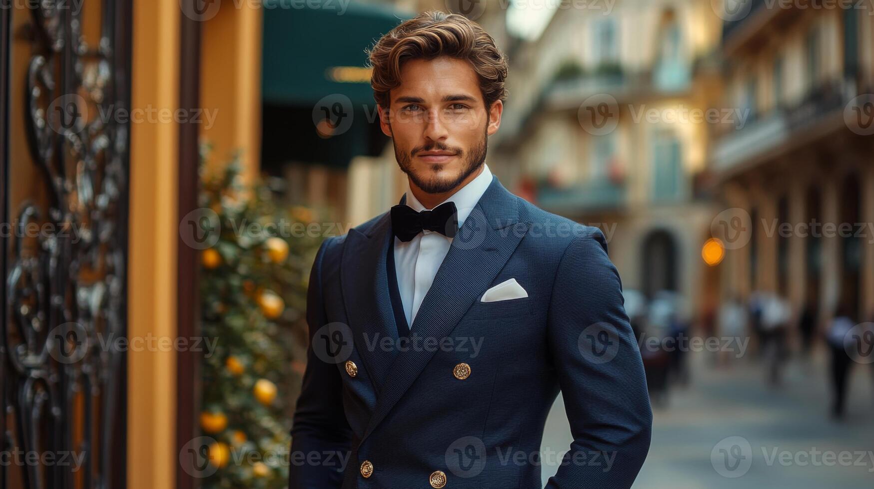A well-dressed young man stands in a city street, exuding confidence in a tailored blue suit with a bow tie. The setting features elegant architecture and warm evening light. photo