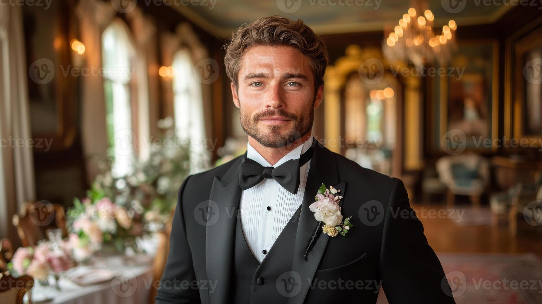 A well-dressed man wearing a tuxedo and bow tie stands in an elegant banquet hall filled with floral arrangements, exuding charm and sophistication during a luxury wedding celebration. photo