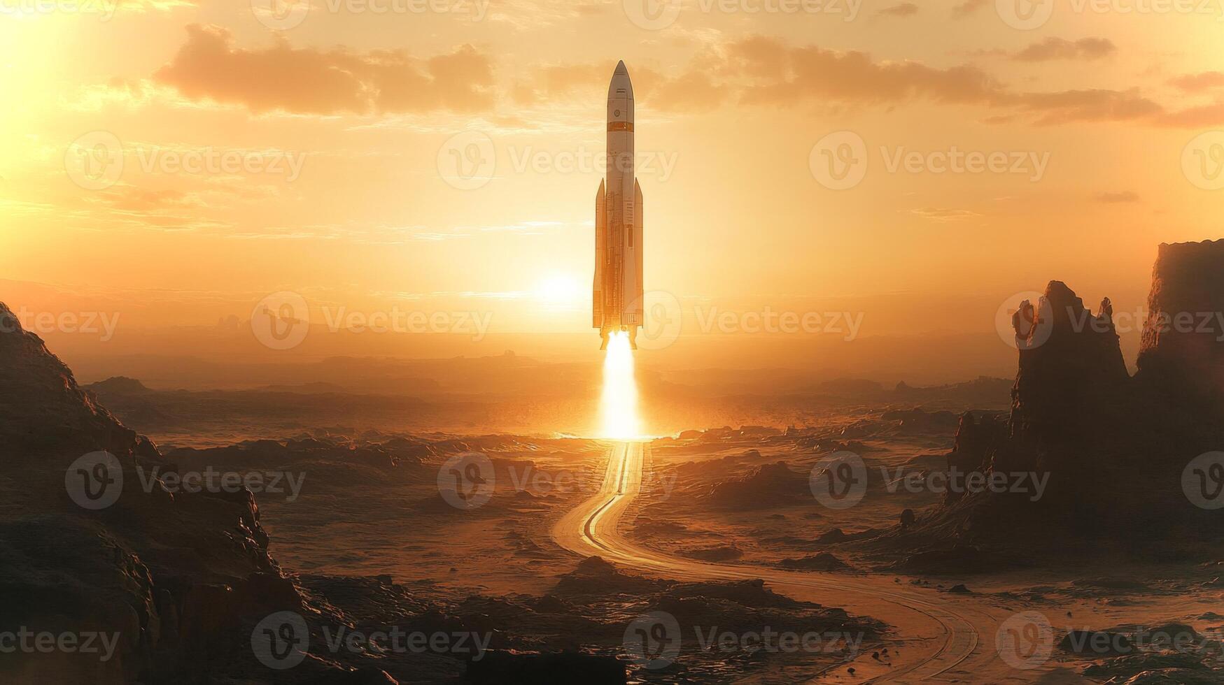 A hypersonic rocket ignites its engines and ascends into the sky at dawn, leaving a trail of flames against a stunning landscape of rocky formations and a bright horizon. photo