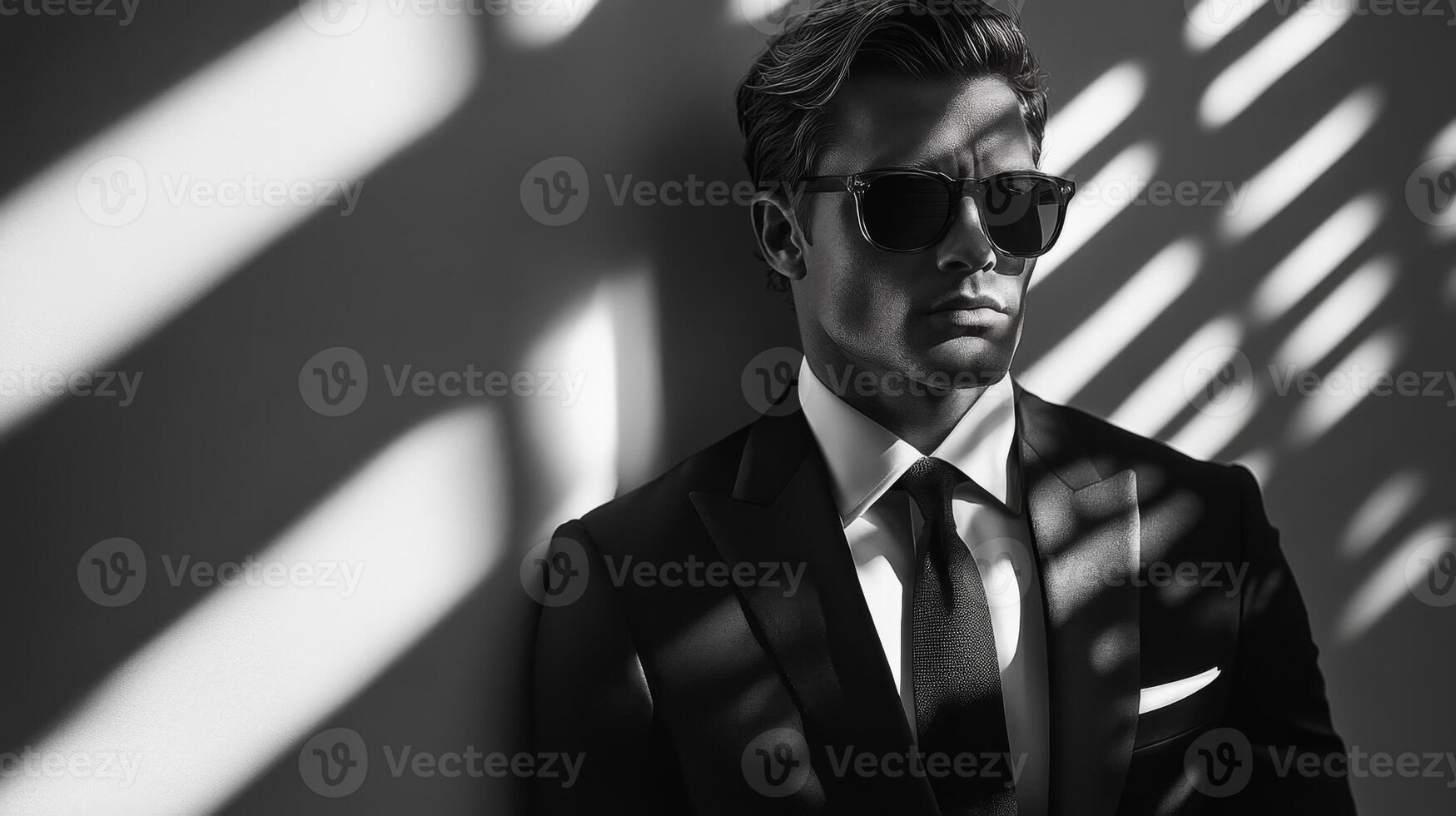 A stylish man stands confidently in a tailored suit, wearing sunglasses. Striking shadows create a dramatic backdrop, enhancing the atmosphere of sophistication and allure in this chic environment. photo