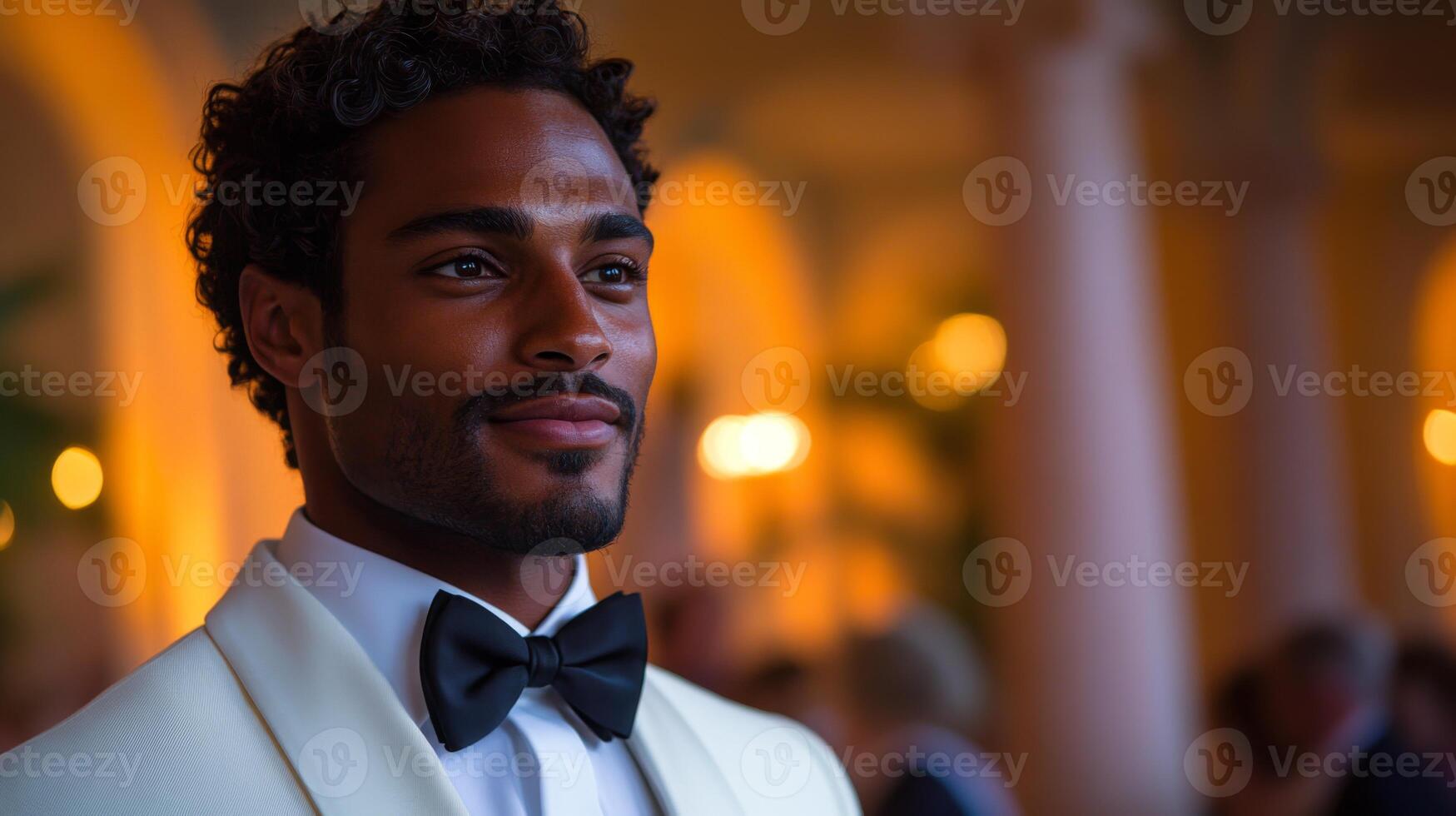 A well-dressed man with curly hair stands confidently in a tuxedo and bowtie at a gala event. The warm ambiance and blurred background create a festive atmosphere in the evening setting. photo