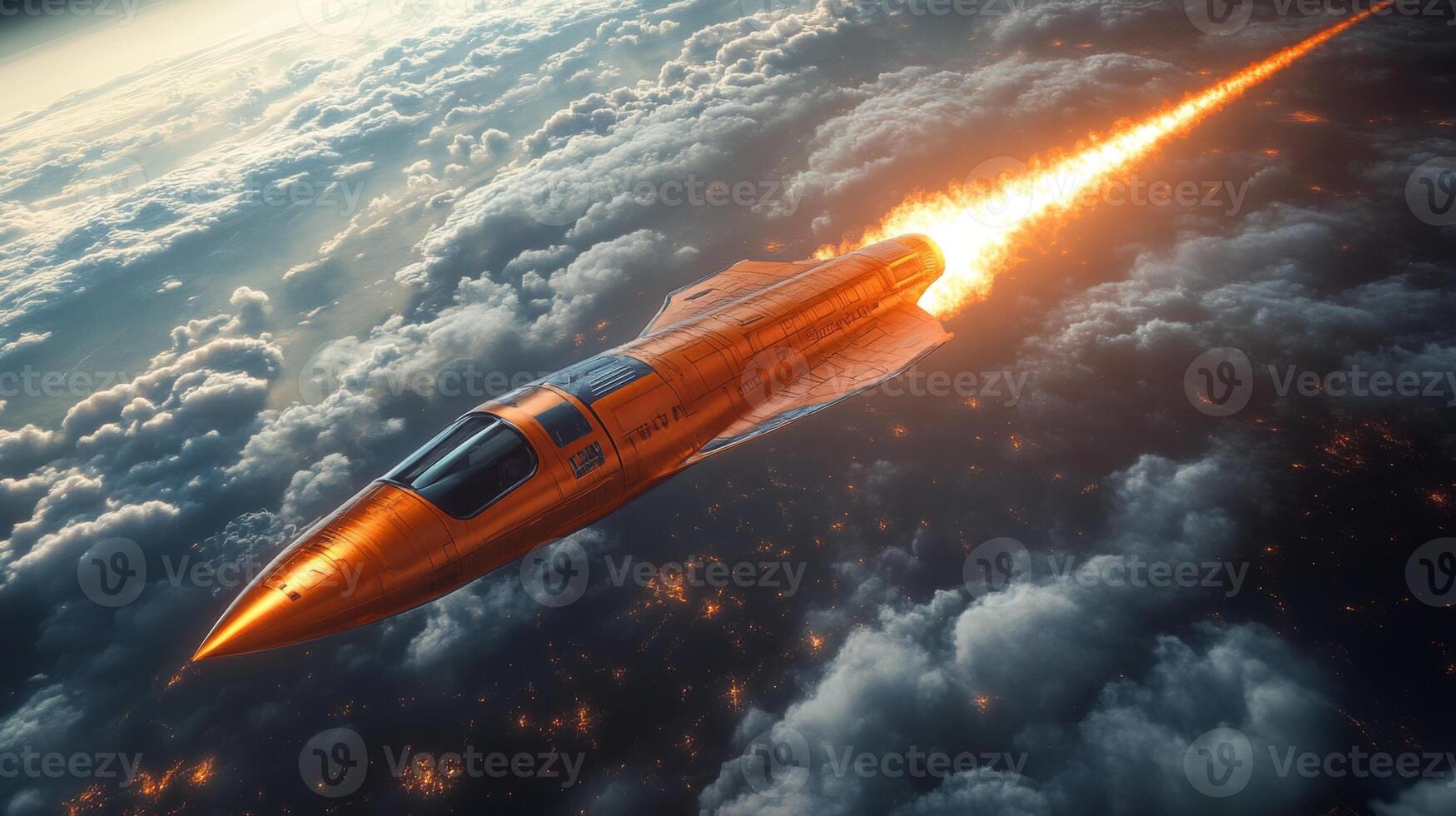A hypersonic rocket accelerates powerfully through the atmosphere, leaving a bright trail of flames as it tests cutting edge propulsion systems amidst a backdrop of clouds. photo