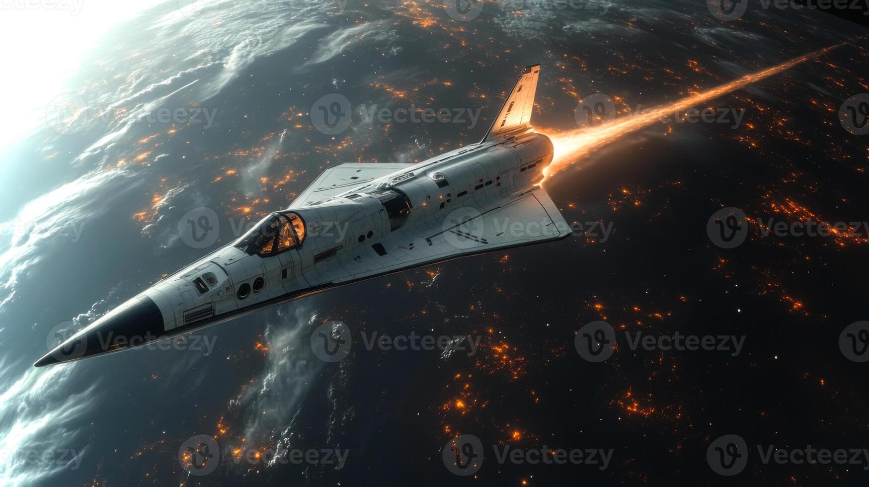 A spaceplane launches into the dark atmosphere, showcasing a trail of flames and bright lights against the backdrop of Earth. This represents advanced propulsion in aerospace. photo