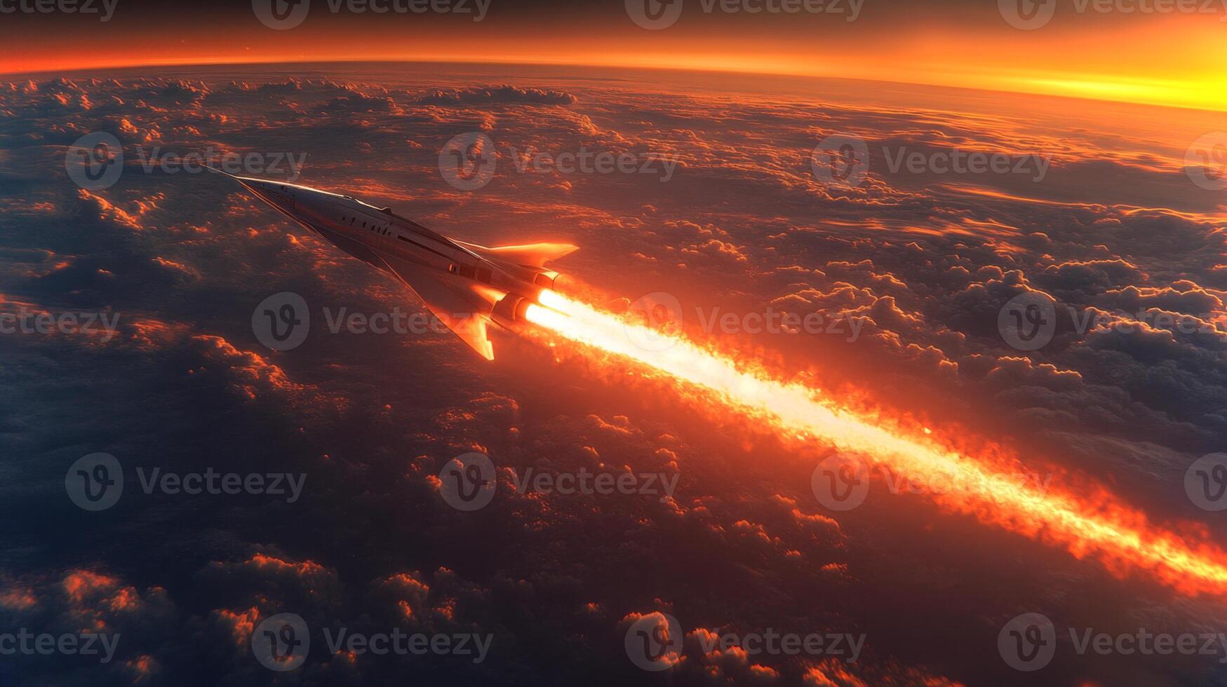 A powerful rocket ascends swiftly into the hypersonic atmosphere, leaving a vivid trail of flames as it pierces through clouds at sunset, highlighting advances in aerospace technology. photo