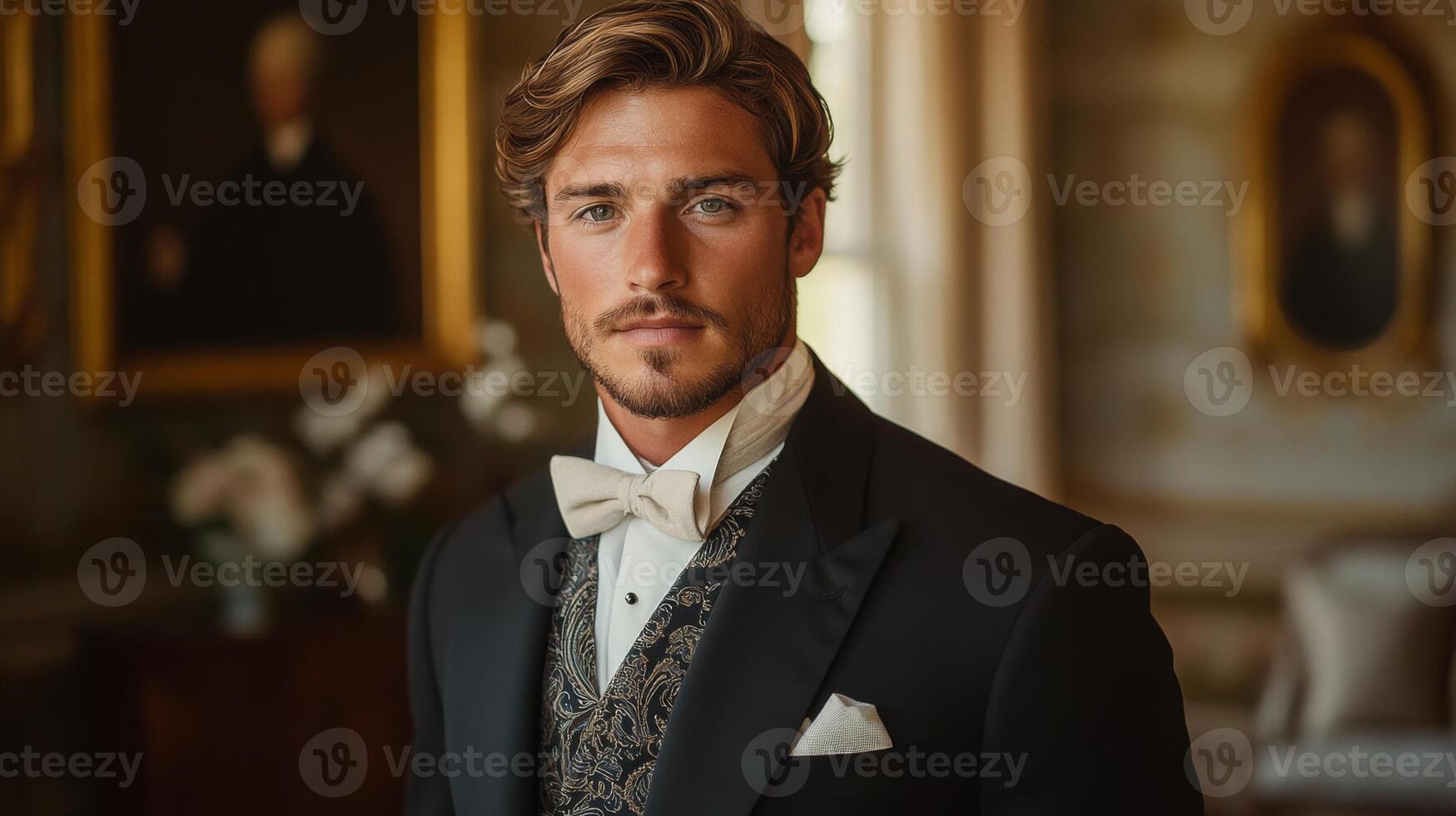 A well-dressed young man stands in a sophisticated room adorned with classic artwork and ornate details. His confident gaze and stylish attire create a striking impression. photo
