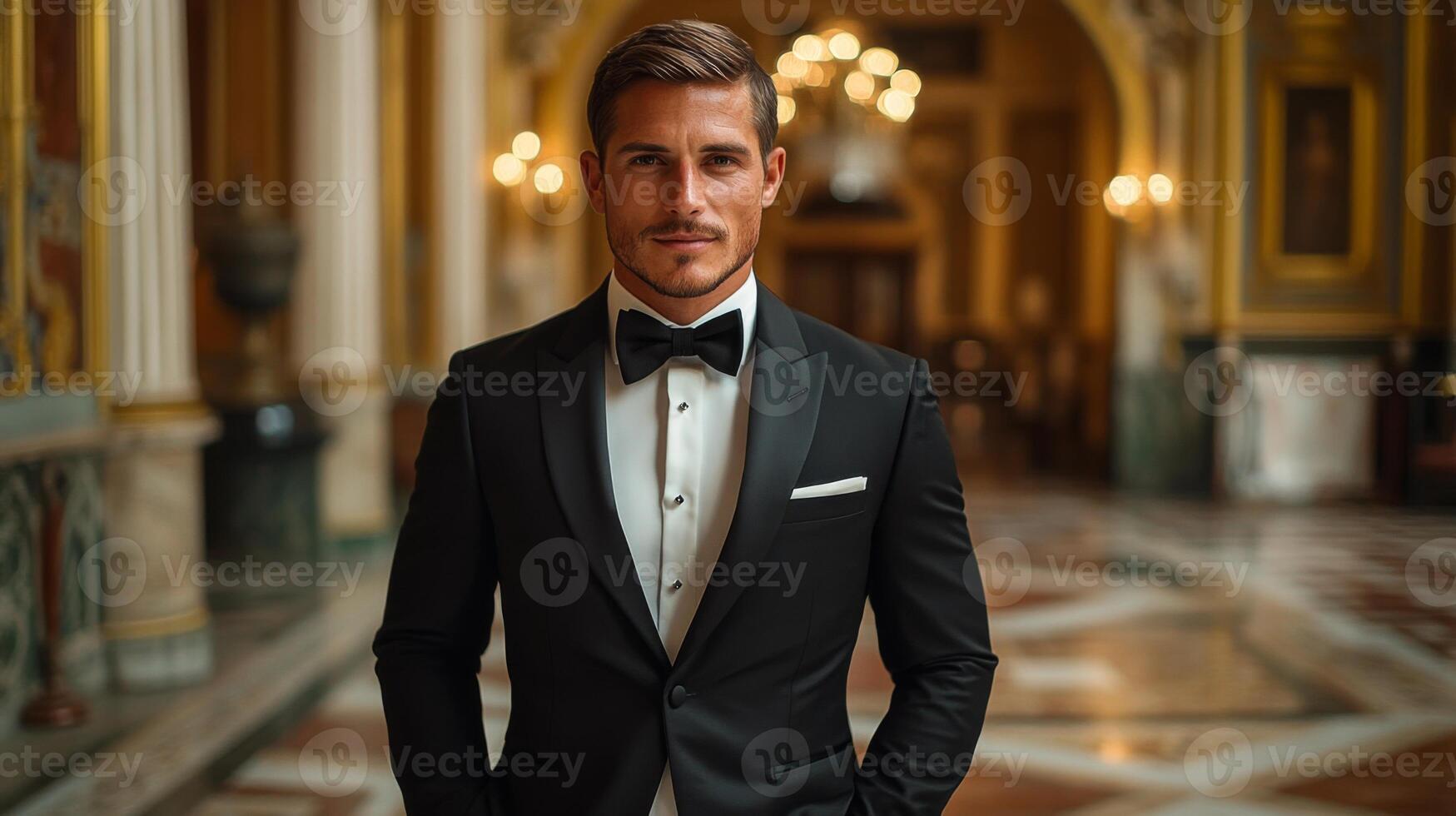 A poised man wears a classic tuxedo, exuding charm in a grand hall. The ornate architecture and soft lighting enhance the sophisticated atmosphere, showcasing elegance and style. photo
