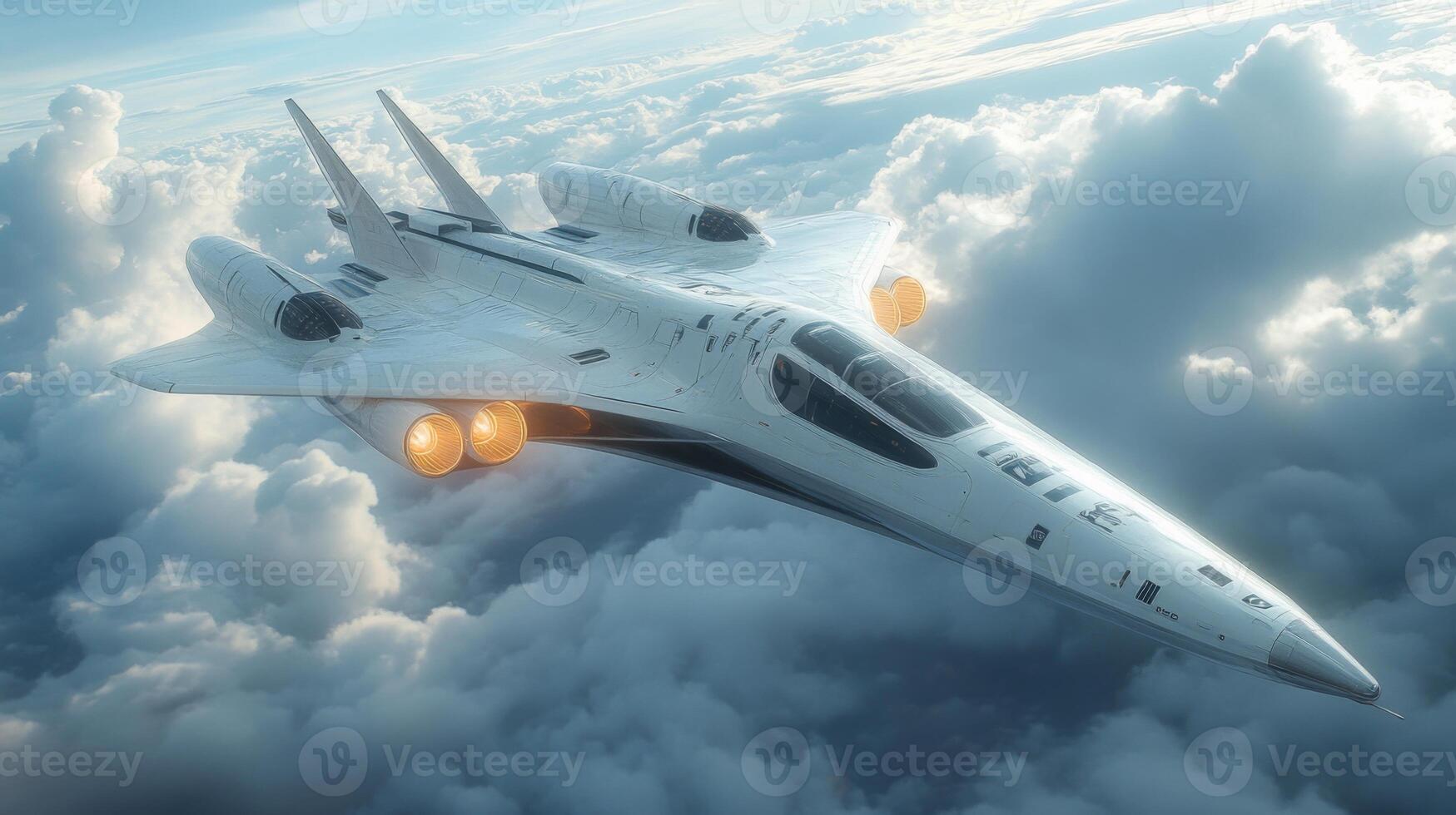 An innovative aerospace vehicle equipped with electromagnetic propulsion engines performs a test flight through the clouds, showcasing its capabilities in hypersonic airlaunch scenarios. photo