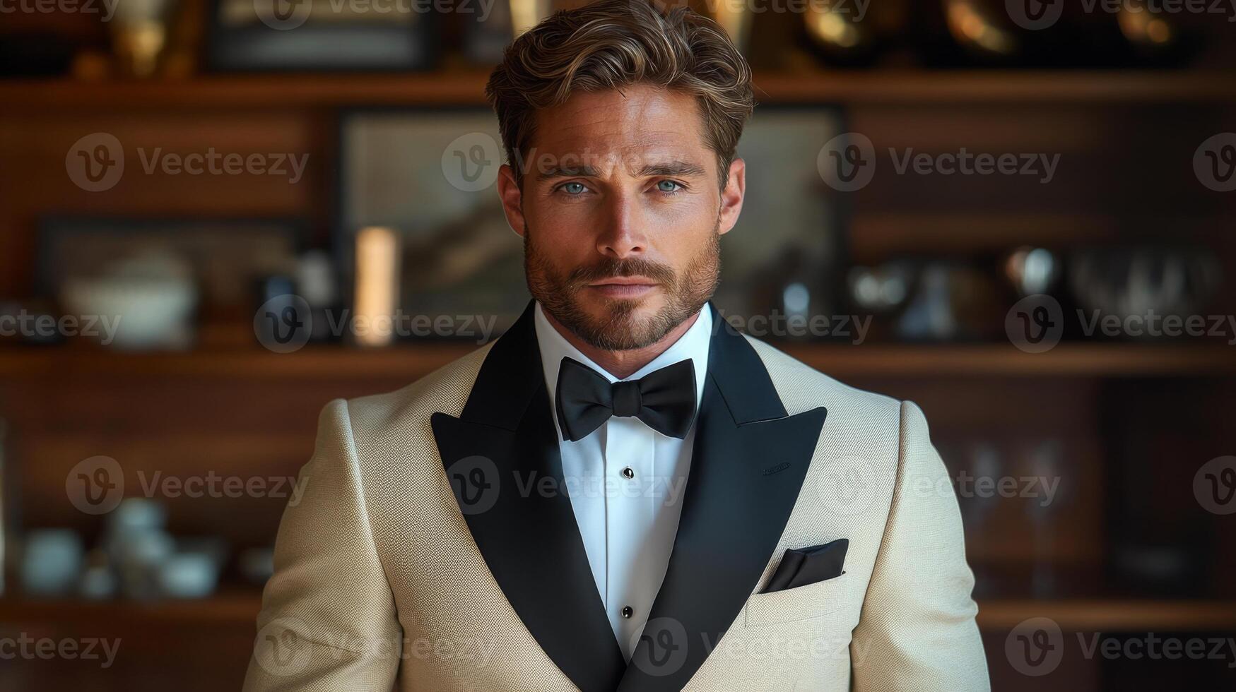 A man dressed in a cream tuxedo with a black bow tie stands confidently. He has tousled hair and piercing blue eyes, radiating elegance in a refined setting. photo