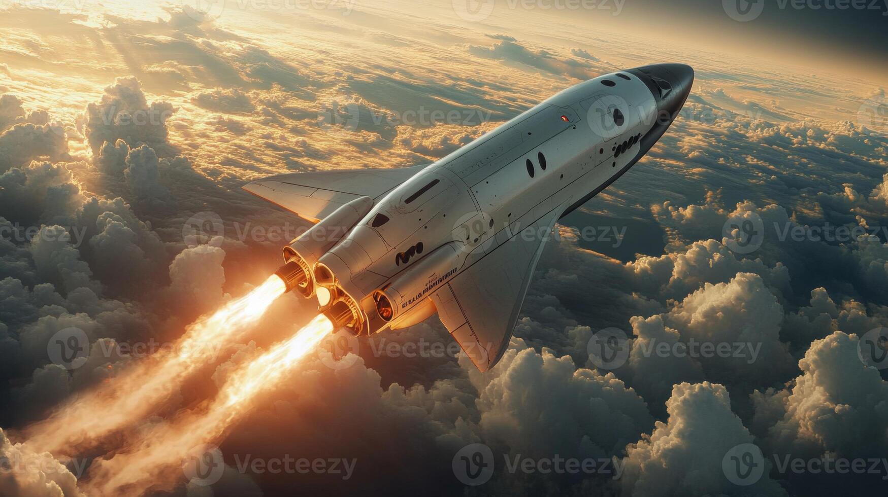 A rocket ignites its engines, ascending through the clouds as it embarks on a groundbreaking journey into space, demonstrating cutting edge aerospace innovations. photo