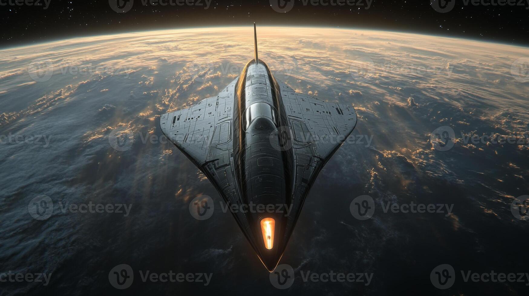 Advanced spaceplane showcasing its aerodynamic design prepares for a hypersonic launch, offering a breathtaking perspective of Earth's surface and the curvature of the planet. photo