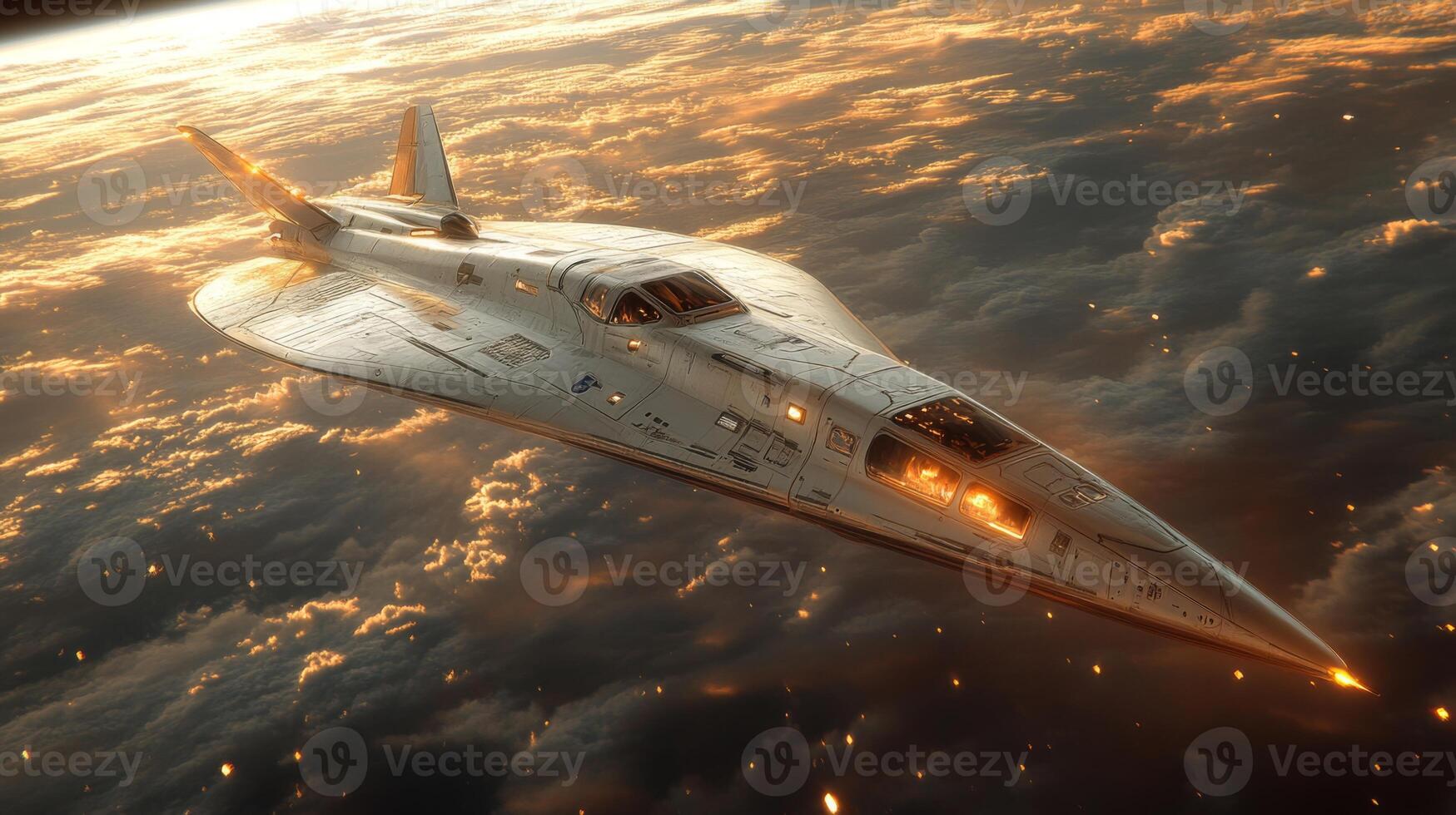 A sleek spaceplane navigates through the clouds at hypersonic speeds, illuminated by the brilliant glow of propulsion systems, highlighting aerospace innovation and the future of space travel. photo