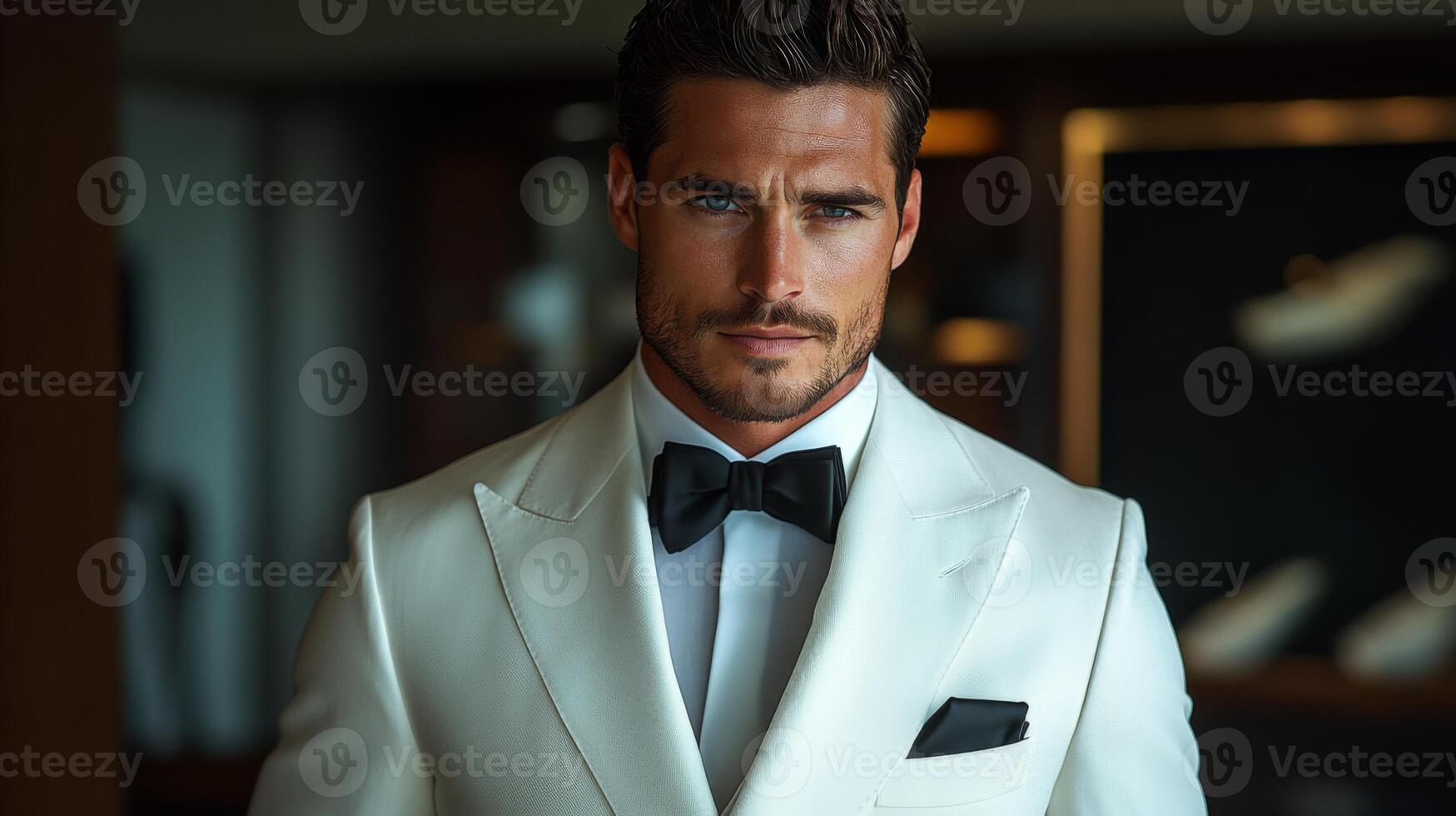 A well-dressed man is standing confidently in a sleek white tuxedo with a bowtie. He is in an upscale venue, exhibiting a sophisticated demeanor. The atmosphere is luxurious and refined. photo
