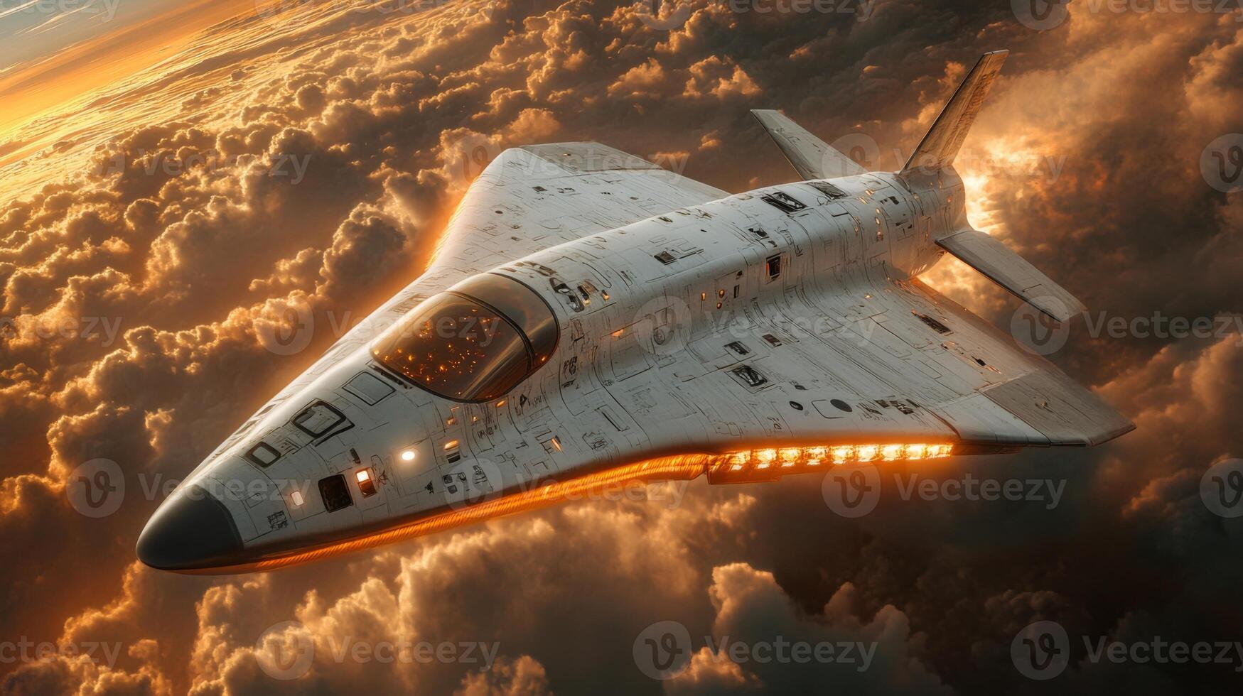 A futuristic spaceplane is soaring at hypersonic speeds above a dramatic expanse of clouds, illuminated by a stunning sunset. photo