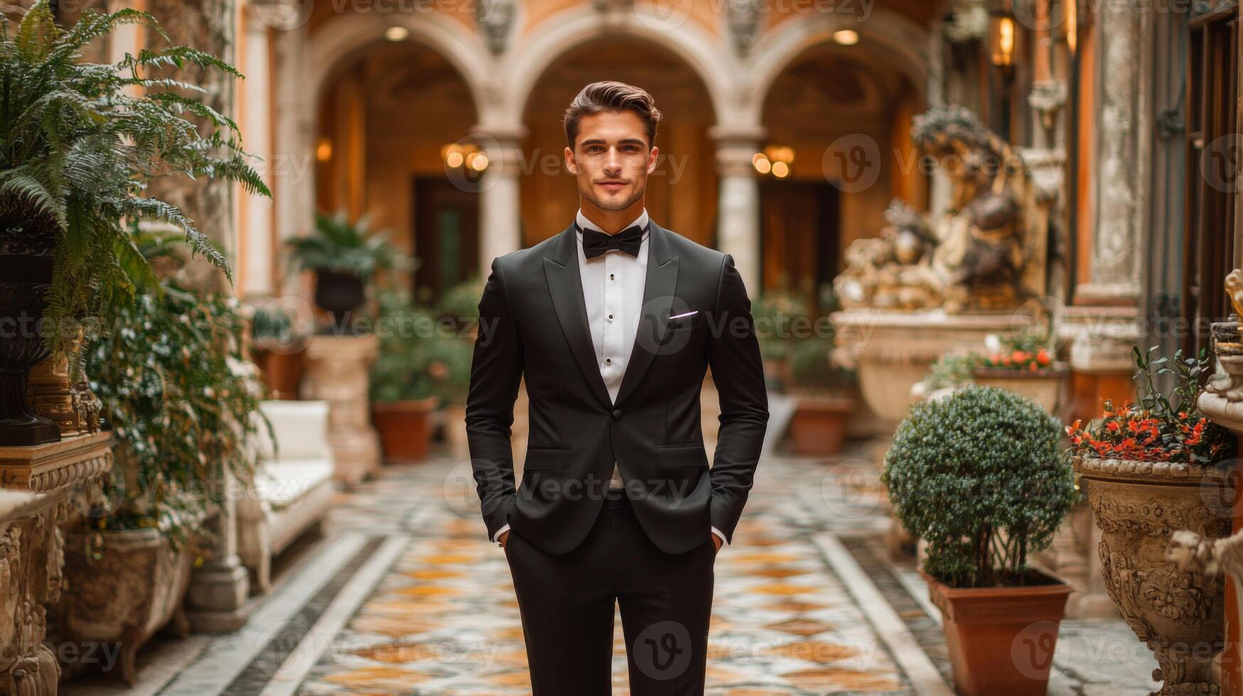 A well-dressed man in a tuxedo poses with confidence in a stunning courtyard filled with elegant plants and intricate sculptures, showcasing luxury and sophistication. photo