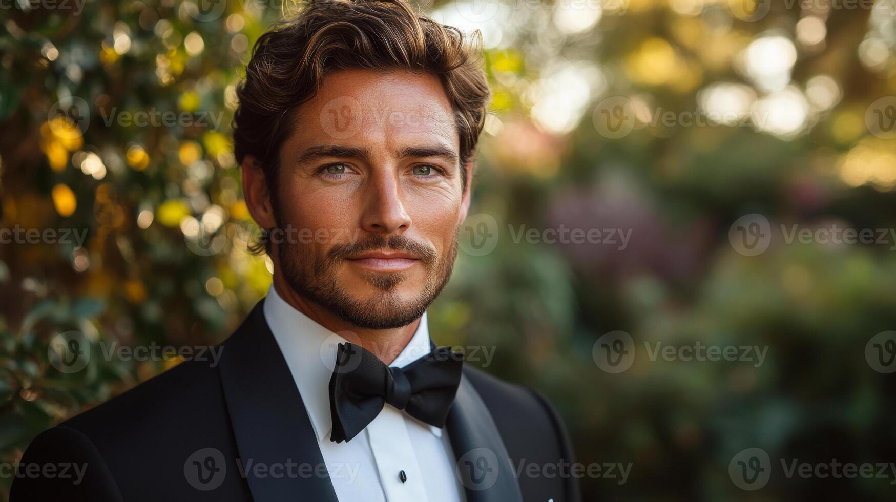 A well-groomed man in a tuxedo with a bow tie smiles confidently while standing amidst elegant outdoor scenery. Sunlight filters through leaves, enhancing the cheerful atmosphere. photo