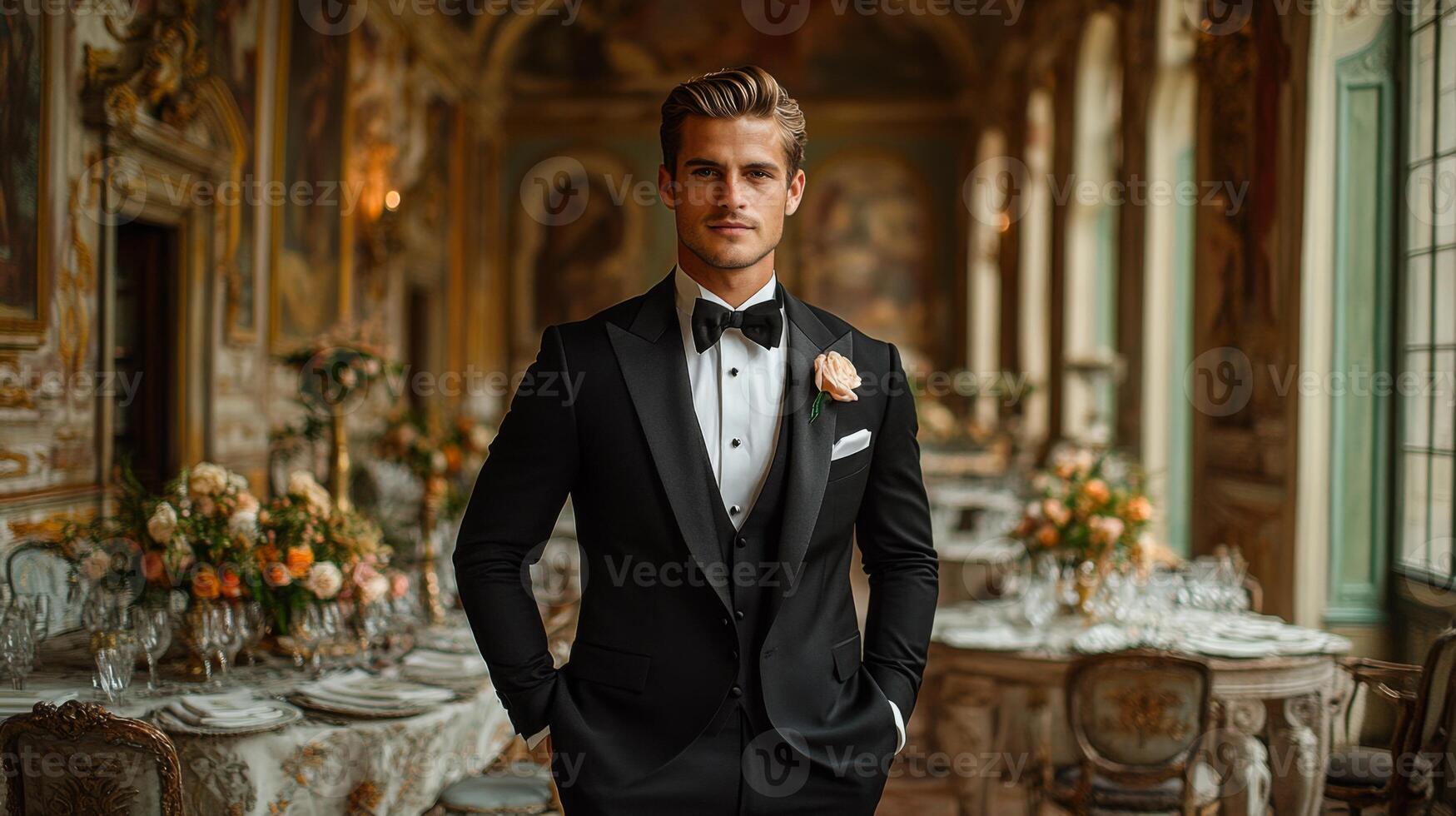 A well-dressed man in a tuxedo exudes confidence as he stands in a lavish dining hall adorned with elegant floral decorations. Soft light filters through large windows in the afternoon. photo