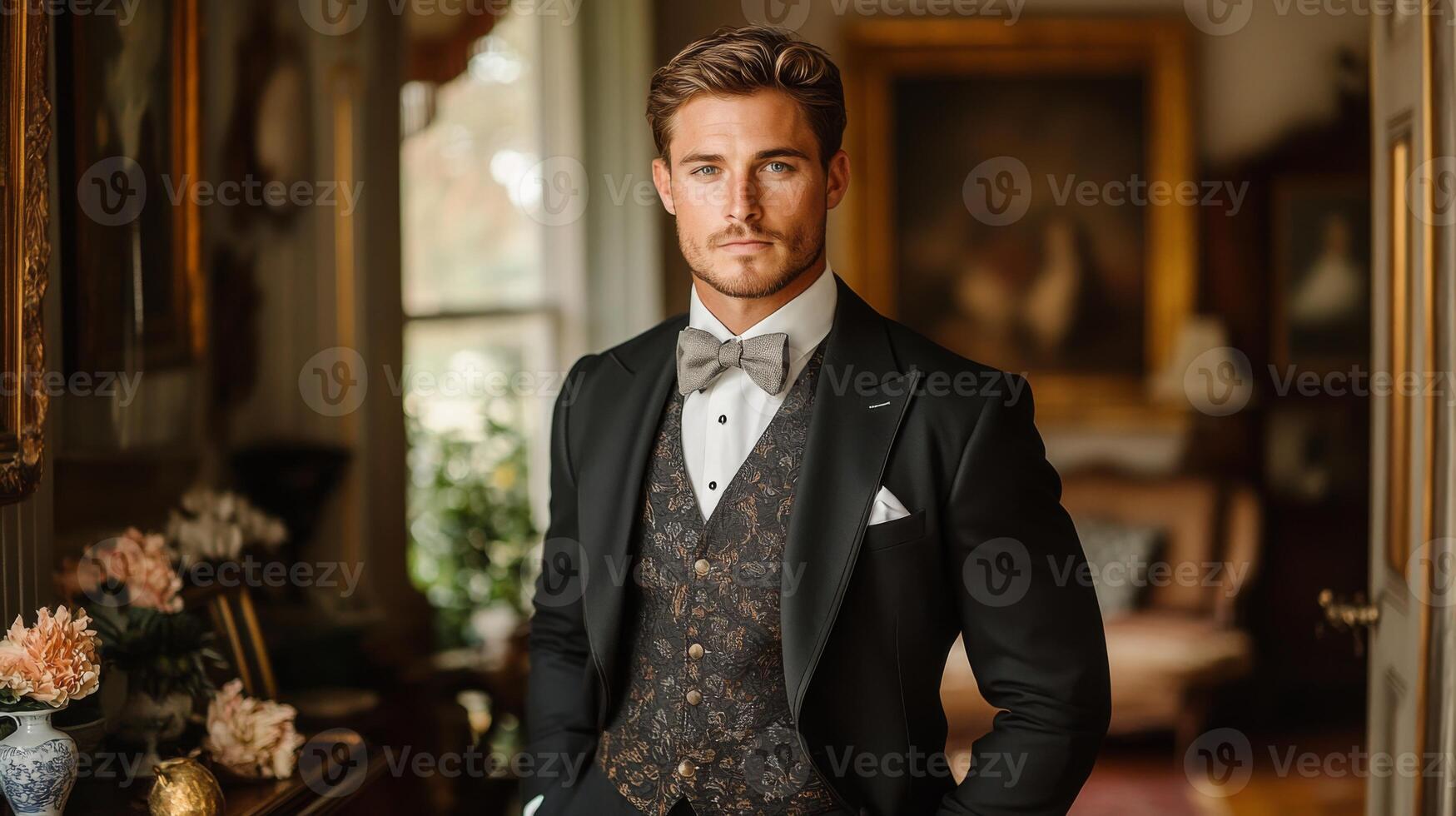 A sharp-dressed man stands with poise in a refined vintage interior, wearing a tailored suit and bow tie, exuding sophistication and charm. photo