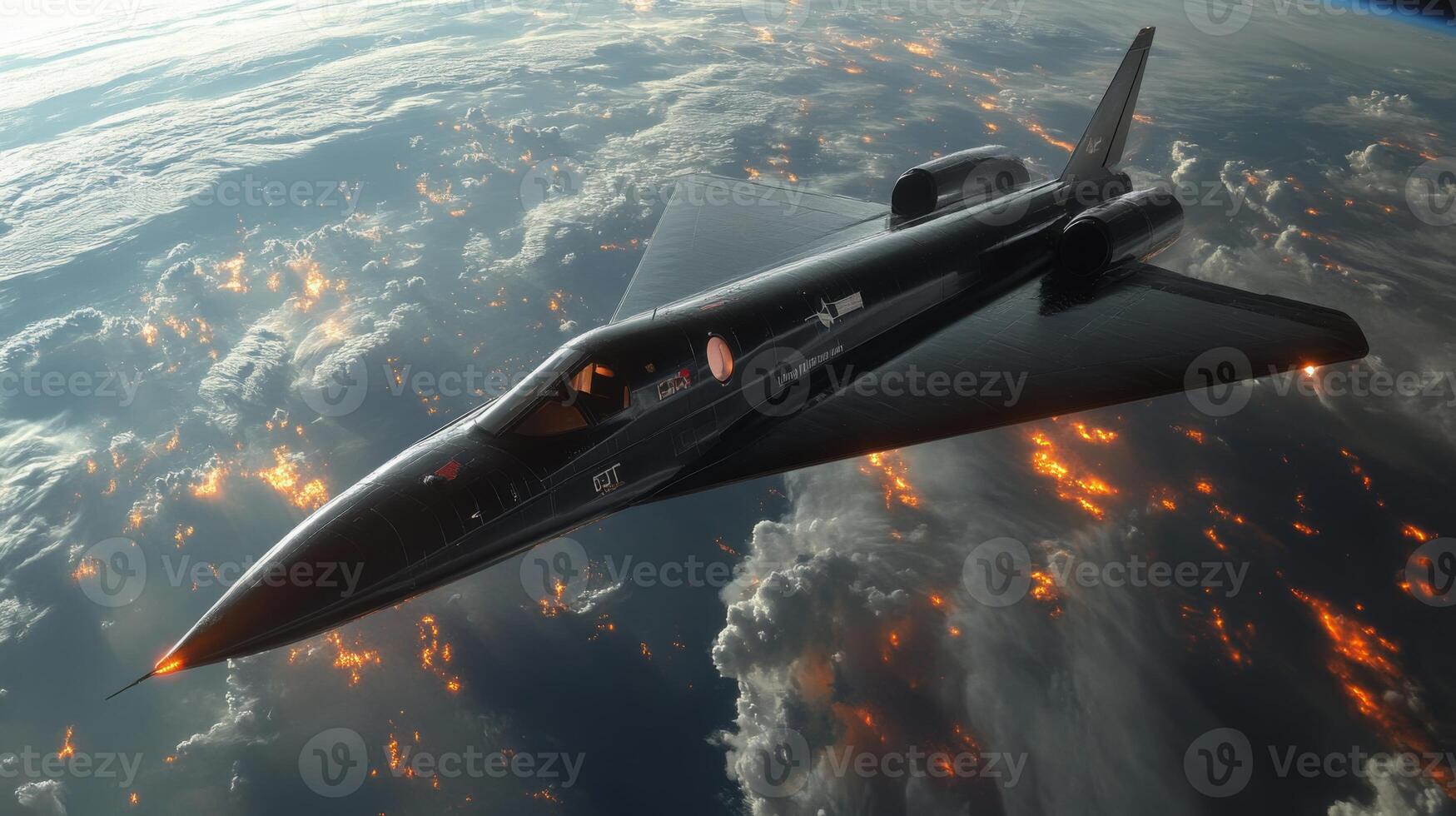 A state of the art spaceplane in hypersonic flight above Earth, showcases advanced propulsion and airlaunch capabilities against a backdrop of stunning clouds and glowing landscapes below. photo