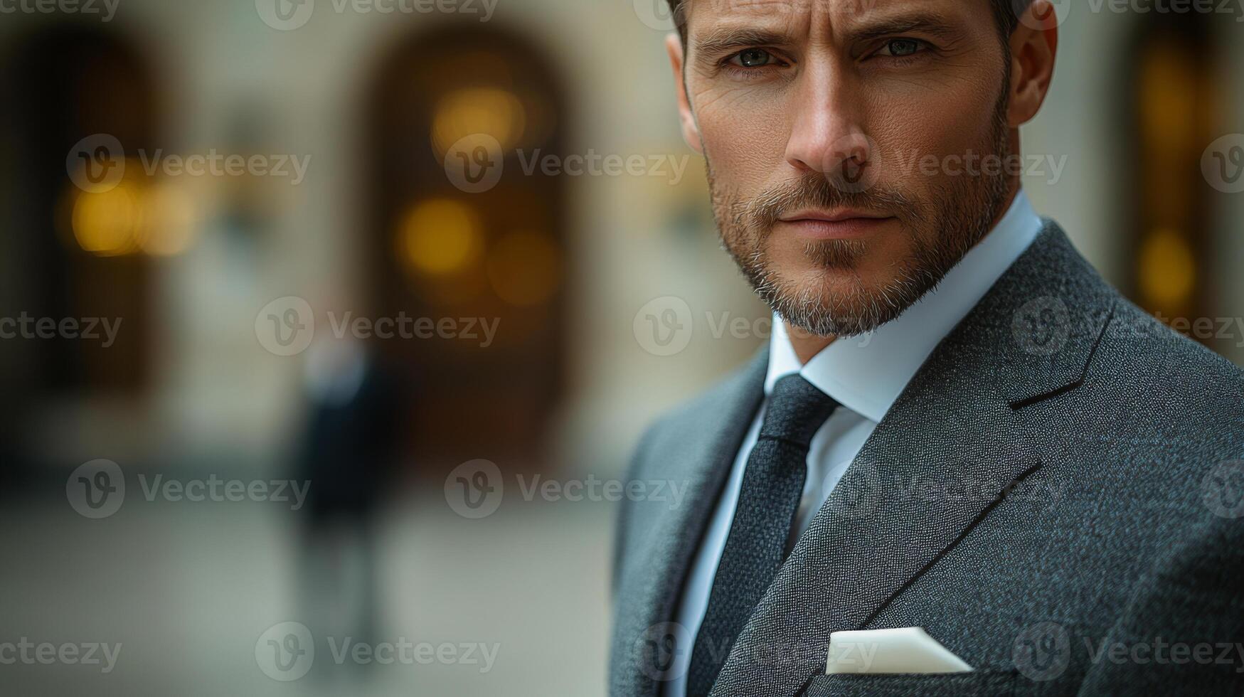 A man dressed in an elegant suit showcases an air of confidence against an urban backdrop at dusk. Soft lights emanate from nearby buildings, creating a sophisticated atmosphere. photo