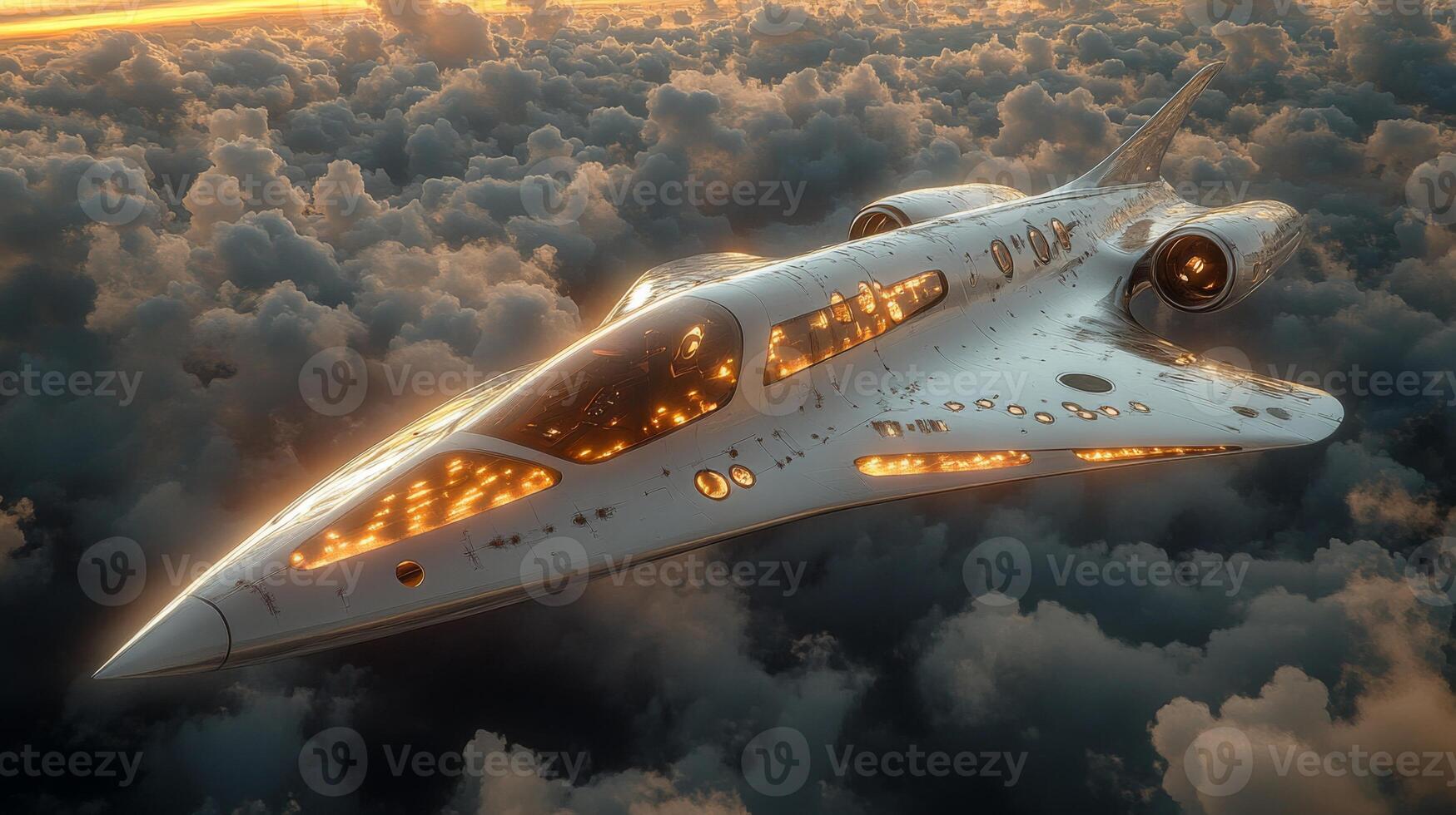 A sleek spaceplane gliding above fluffy clouds as the sun sets, highlighting its futuristic design and propulsion capabilities, embodying the next era of hypersonic airlaunch innovation. photo