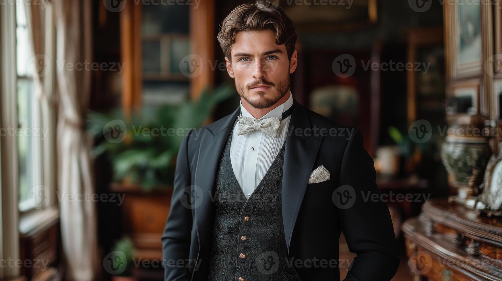 A well-groomed man in a stylish tuxedo stands proudly in an opulent room filled with antique furniture and soft, ambient light streaming through the windows, showcasing sophistication. photo