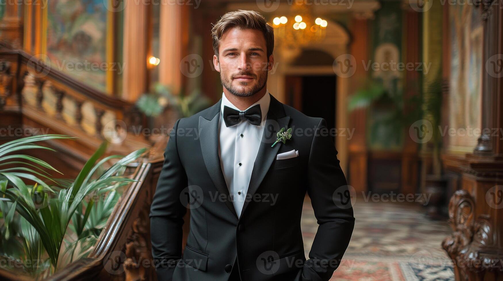 A well-dressed man in a tuxedo poses confidently in a lavish location adorned with elegant architecture and greenery, suggesting a formal event or celebration. photo