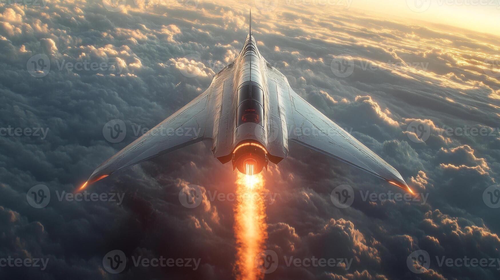 A futuristic spaceplane ignites its rocket engines, ascending through clouds as it demonstrates innovative propulsion capabilities during a hypersonic launch test in the evening sky. photo