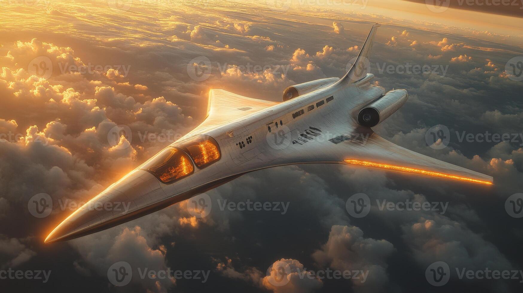 A futuristic spaceplane glides gracefully through the clouds during a vibrant sunset. Its sleek design highlights innovations in hypersonic and electromagnetic propulsion. photo