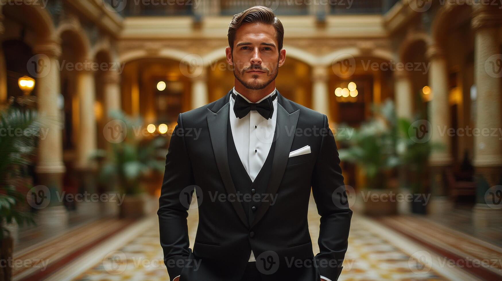A young man dressed in a tuxedo exudes sophistication in a lavish hall filled with ornate architecture and soft lighting, perfect for a formal gathering. photo
