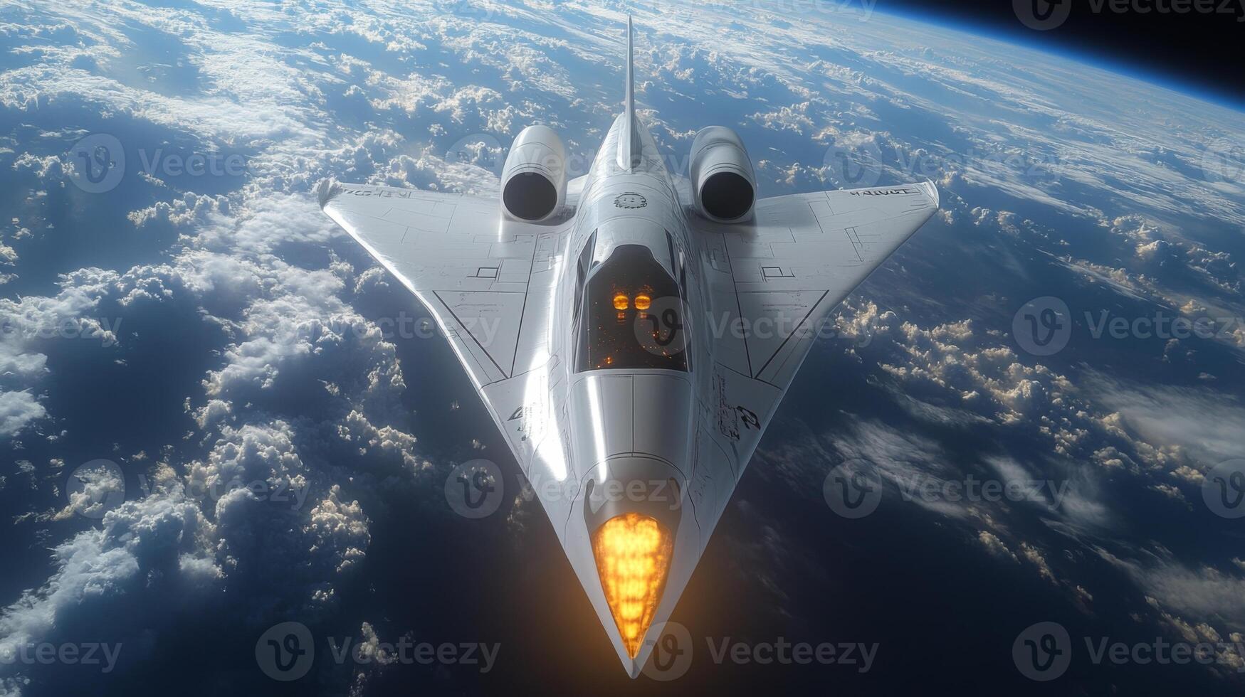 A sleek, futuristic spaceplane is captured soaring through the upper atmosphere, showcasing advanced hypersonic propulsion technology while surrounded by clouds and the curvature of Earth. photo
