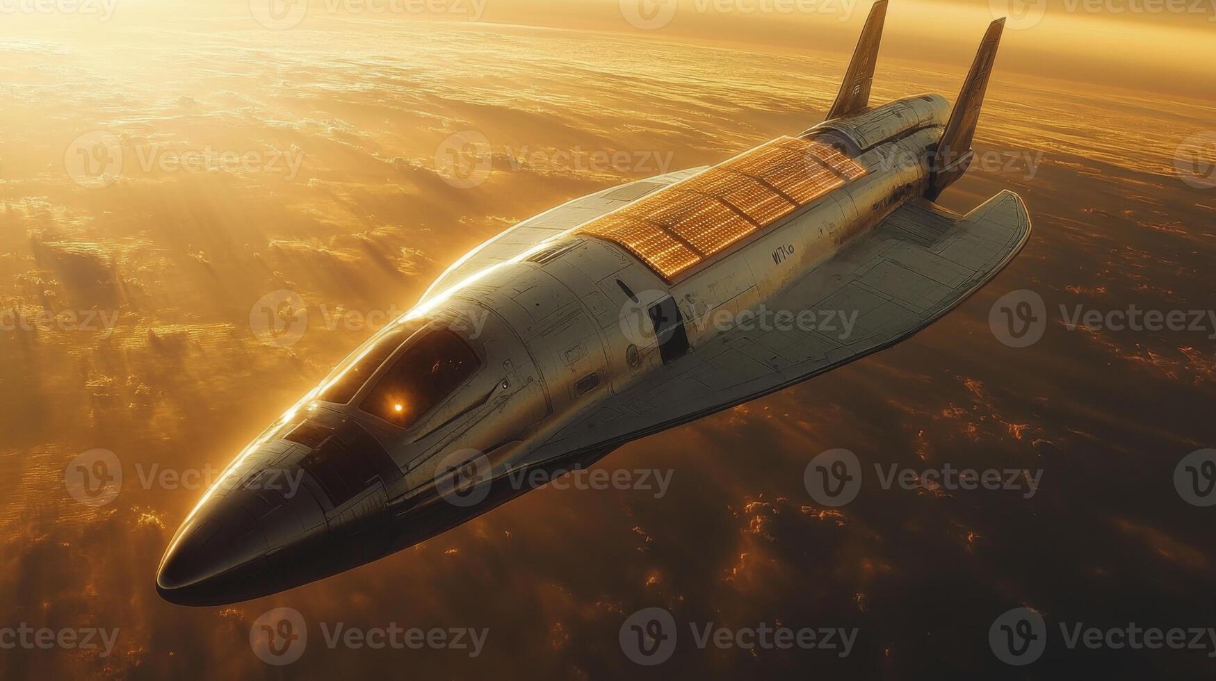 A futuristic spaceplane glides through the atmosphere during sunset, demonstrating cutting edge propulsion technology designed for hypersonic travel and aerospace innovation. photo