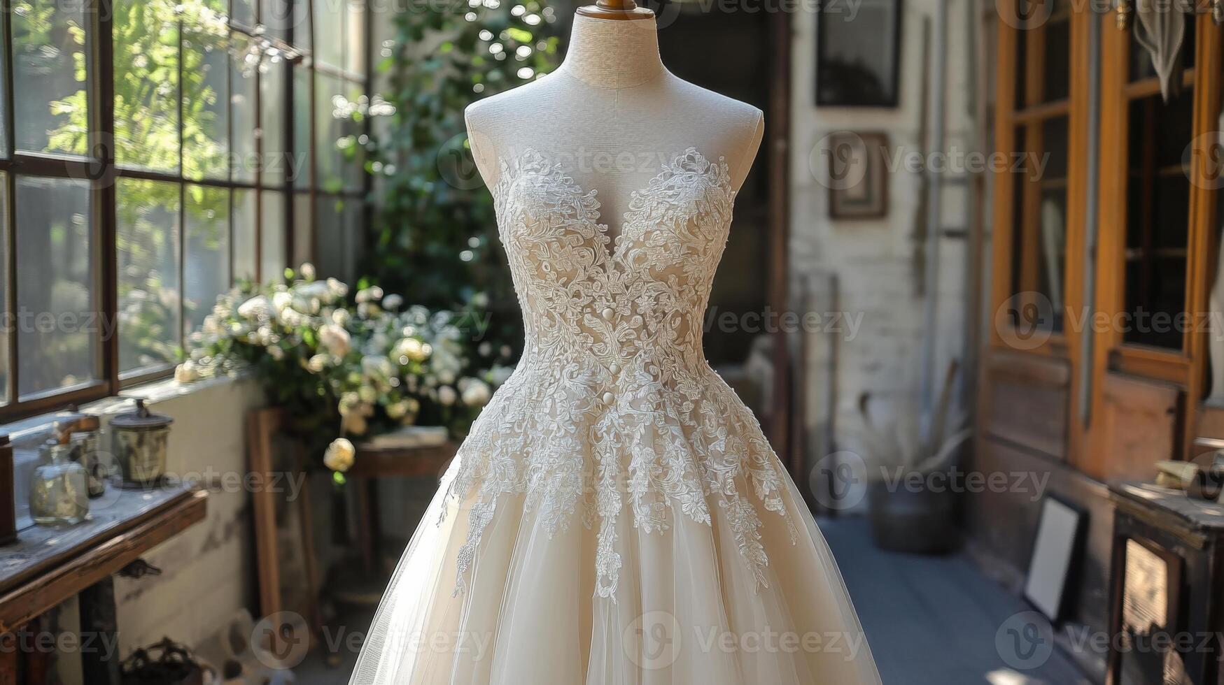 A beautiful bridal gown features intricate lace detailing and a full skirt, showcased in a boutique filled with natural light and lush greenery, creating a romantic atmosphere. photo