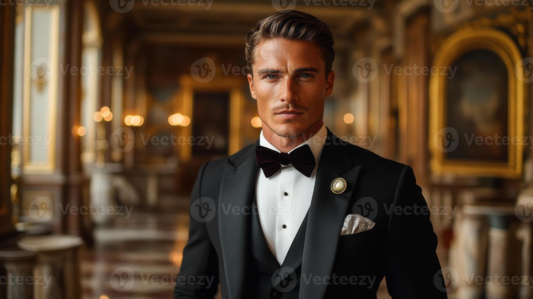 A well-dressed man poses in a sophisticated tuxedo, surrounded by opulent architecture and soft lighting. The atmosphere exudes elegance and grandeur. photo