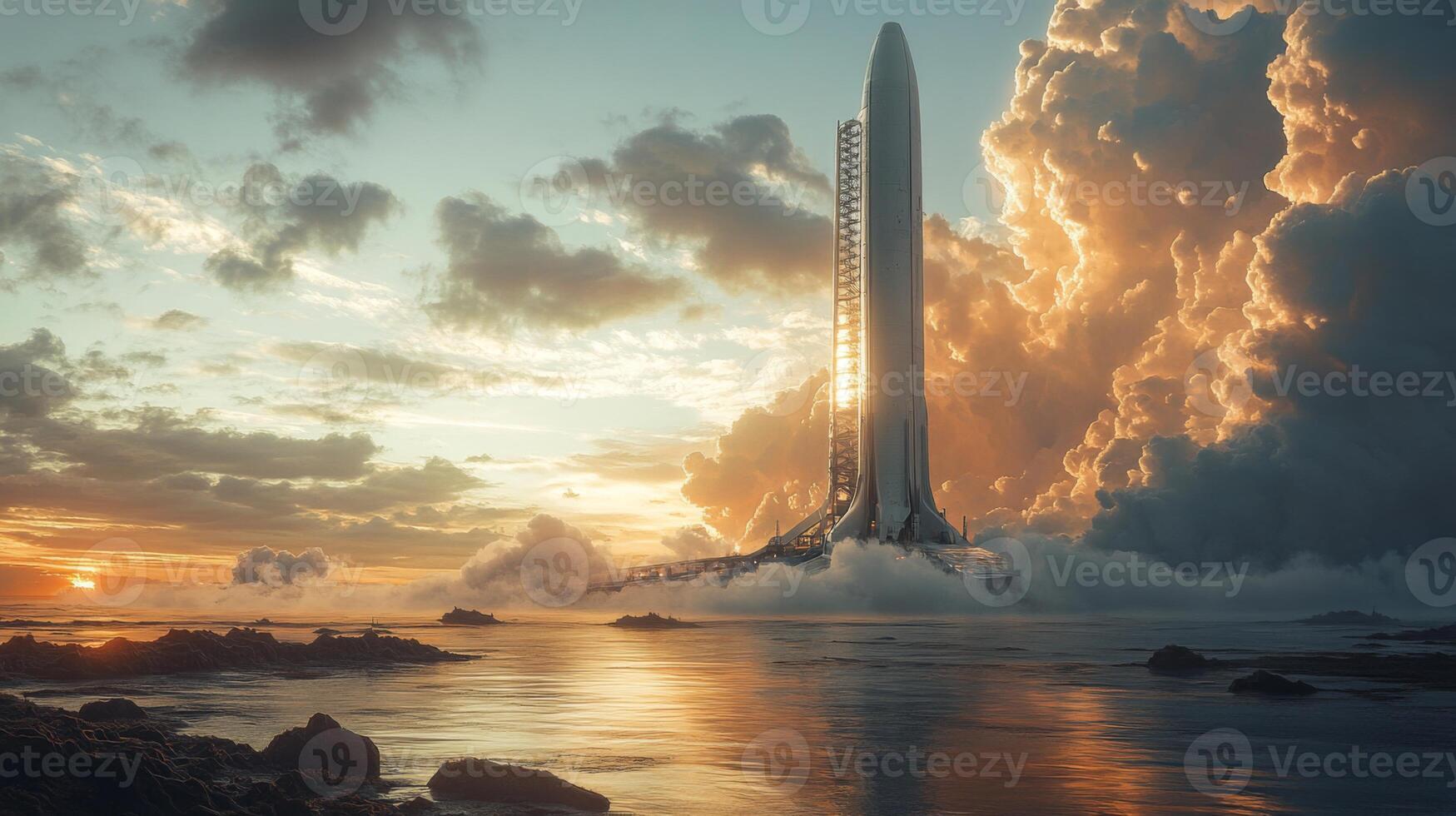 A rocket prepares for launch against a backdrop of colorful clouds and sunset, showcasing innovation in spaceflight and hypersonic propulsion technologies near the ocean. photo