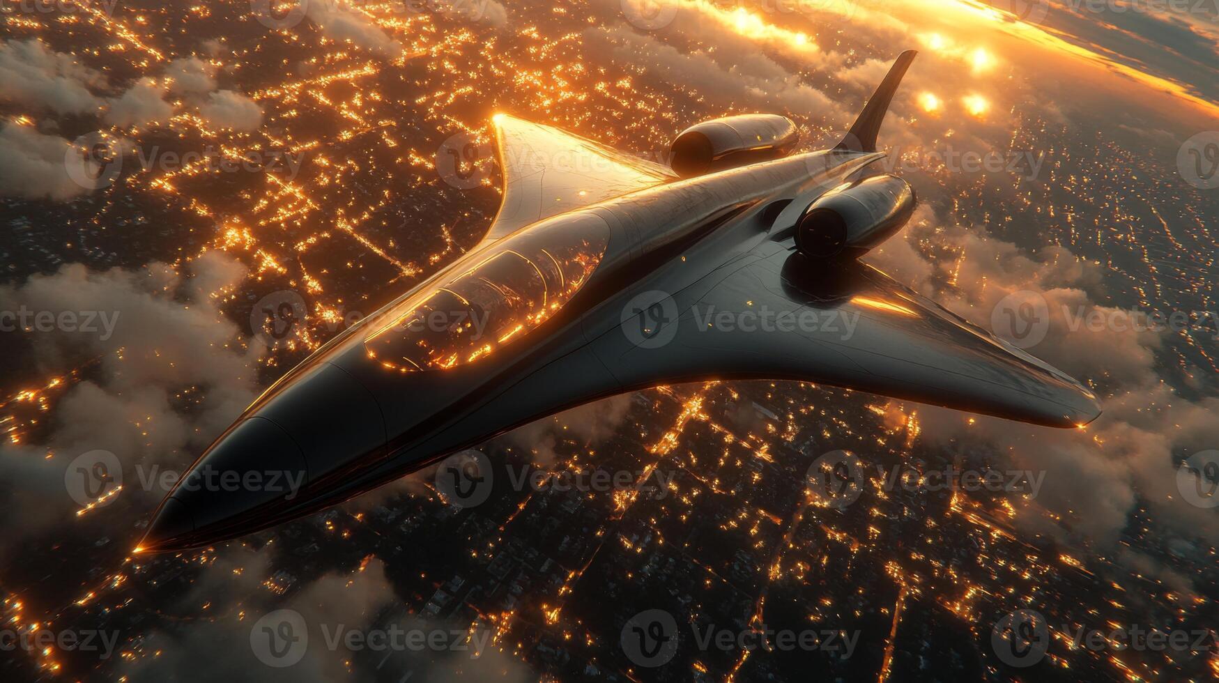A futuristic hypersonic spaceplane ascends from an airlaunch pad, soaring above a cityscape adorned with shimmering lights as the sun sets, showcasing advancements in aerospace technology. photo