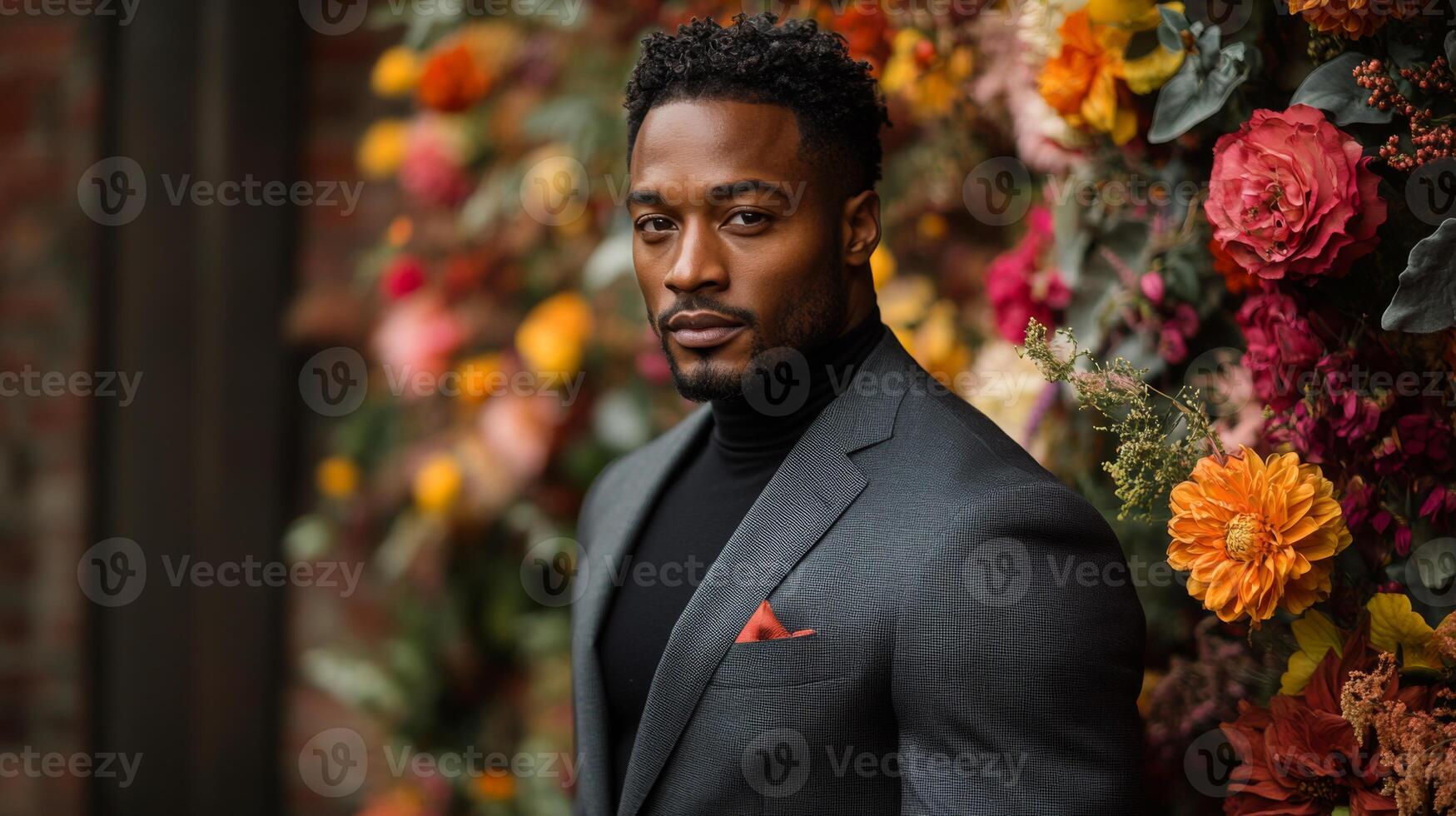 A man exudes confidence while dressed in a tailored suit and turtleneck, standing in front of a colorful floral arrangement at a fashionable event in an urban environment. photo