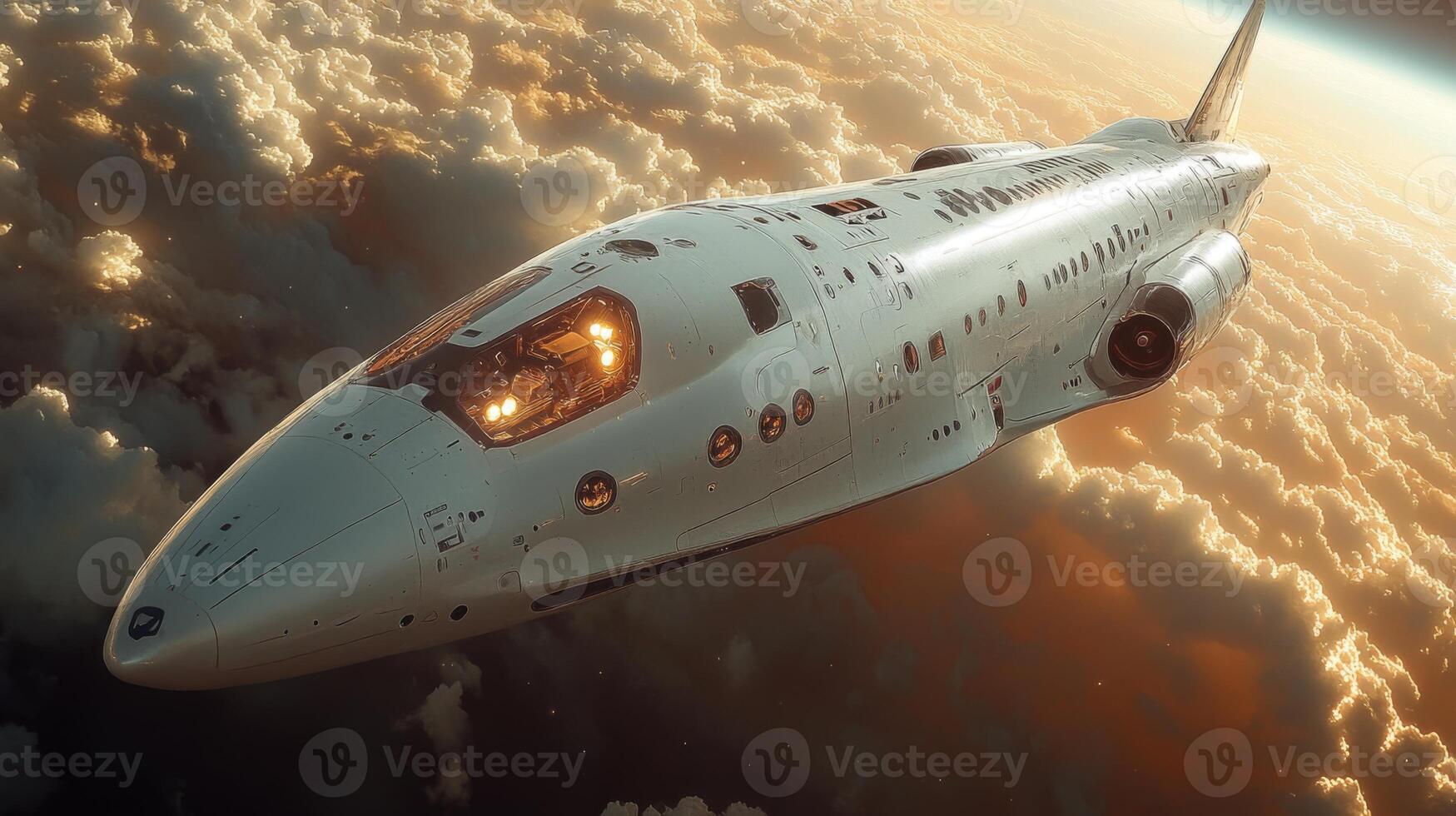 A state of the art spaceplane demonstrates advanced propulsion technology while ascending through the clouds in a hypersonic flight test over a vibrant atmosphere. photo
