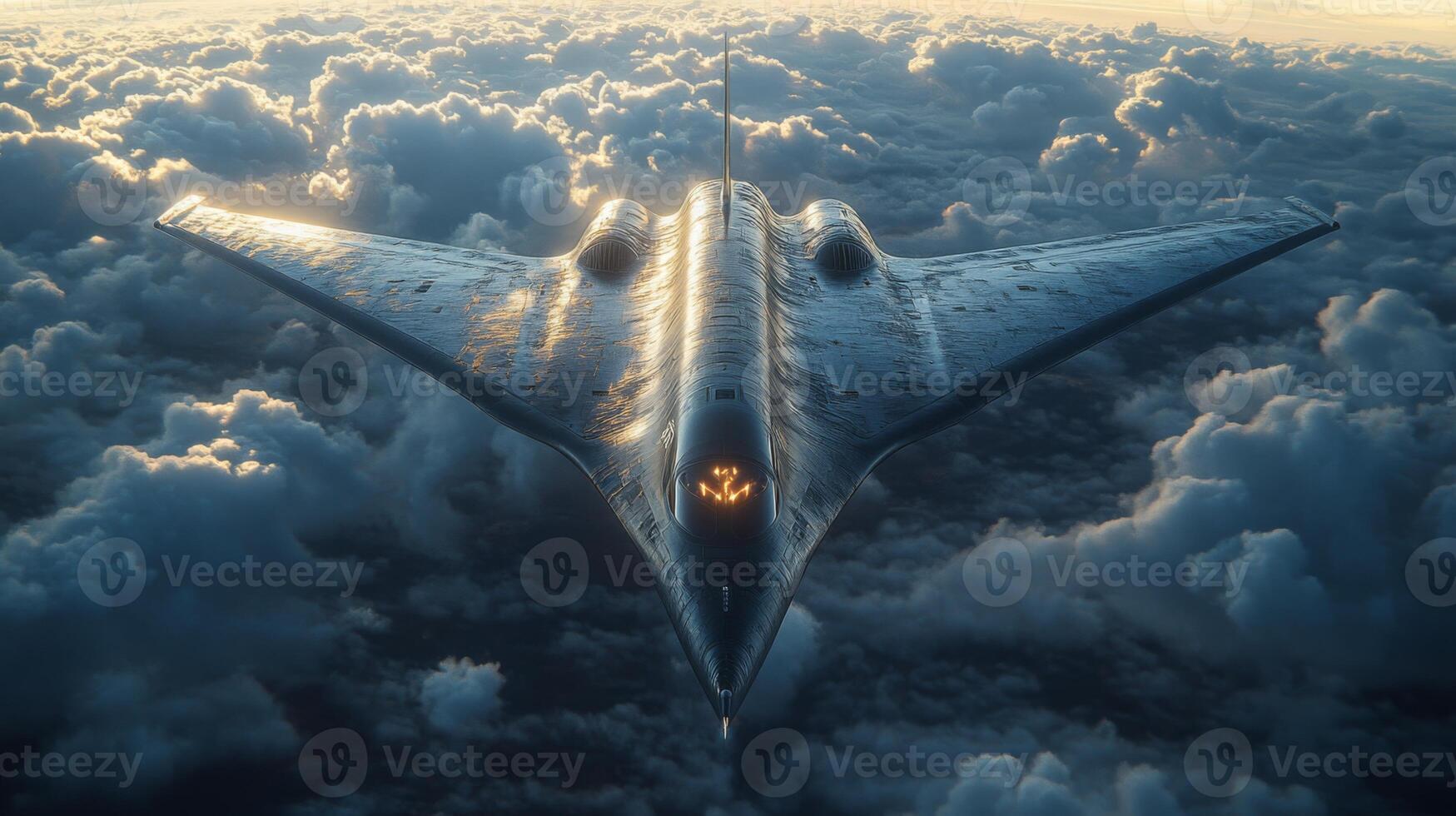 An advanced hypersonic spaceplane glides through the clouds, showcasing cutting edge propulsion technology. The craft reflects sunlight, indicating a successful test flight in aerospace innovation. photo