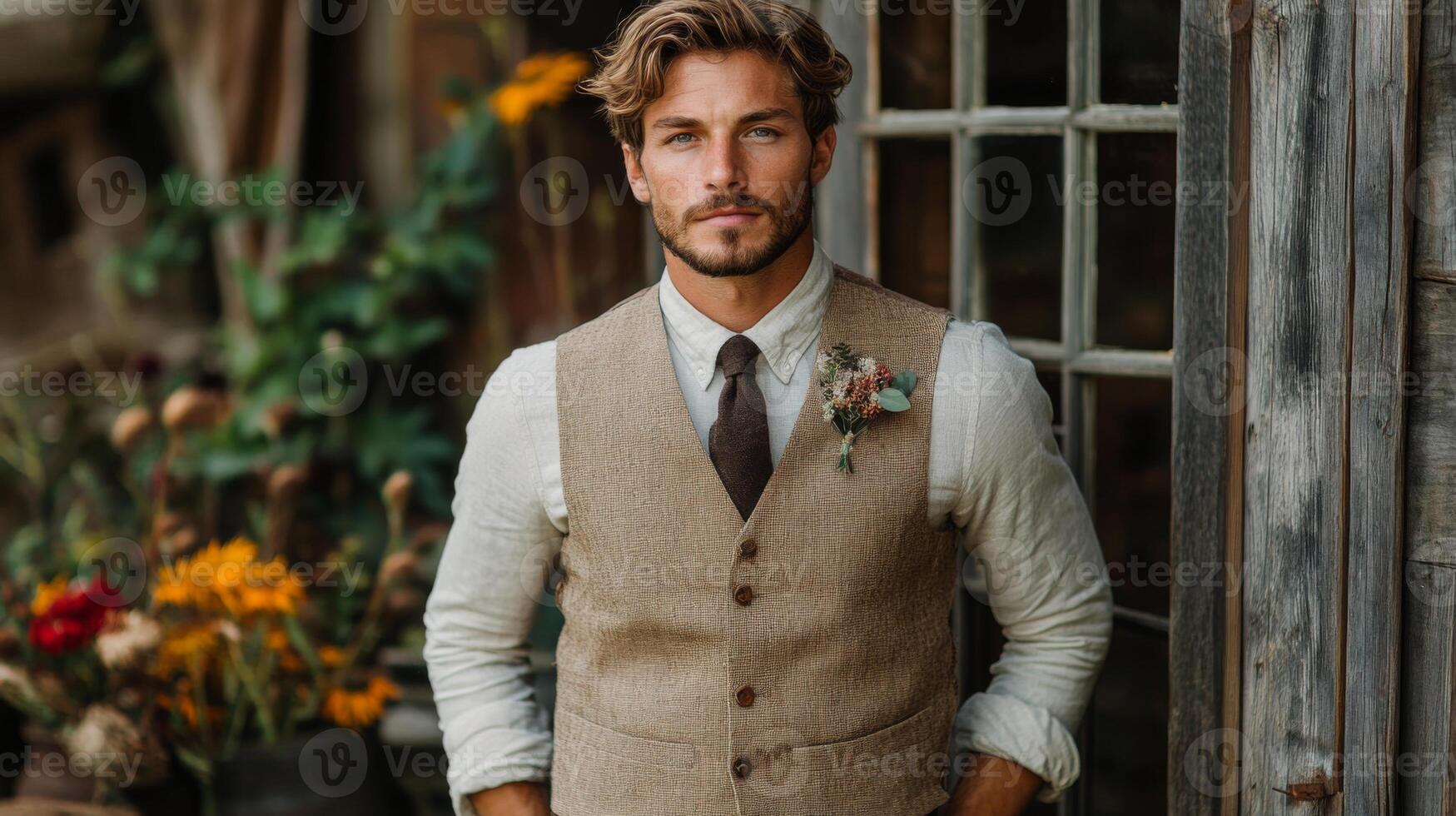 A confident man poses outside a weathered building, wearing a tan vest and tie. His stylish look is complemented by a floral boutonniere and vibrant flowers nearby in a natural setting. photo