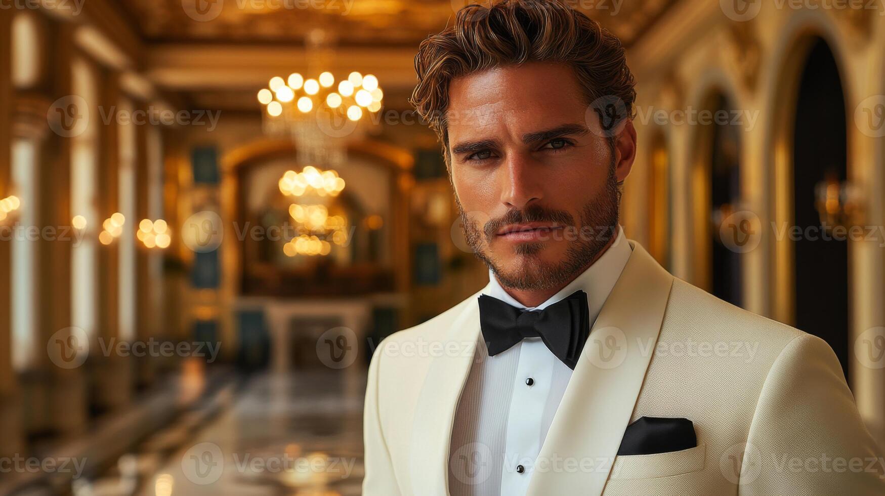 Dressed in a stylish tuxedo, the man stands confidently in a lavish ballroom. Chandeliers illuminate the ornate decor, setting a sophisticated atmosphere for the evening. photo