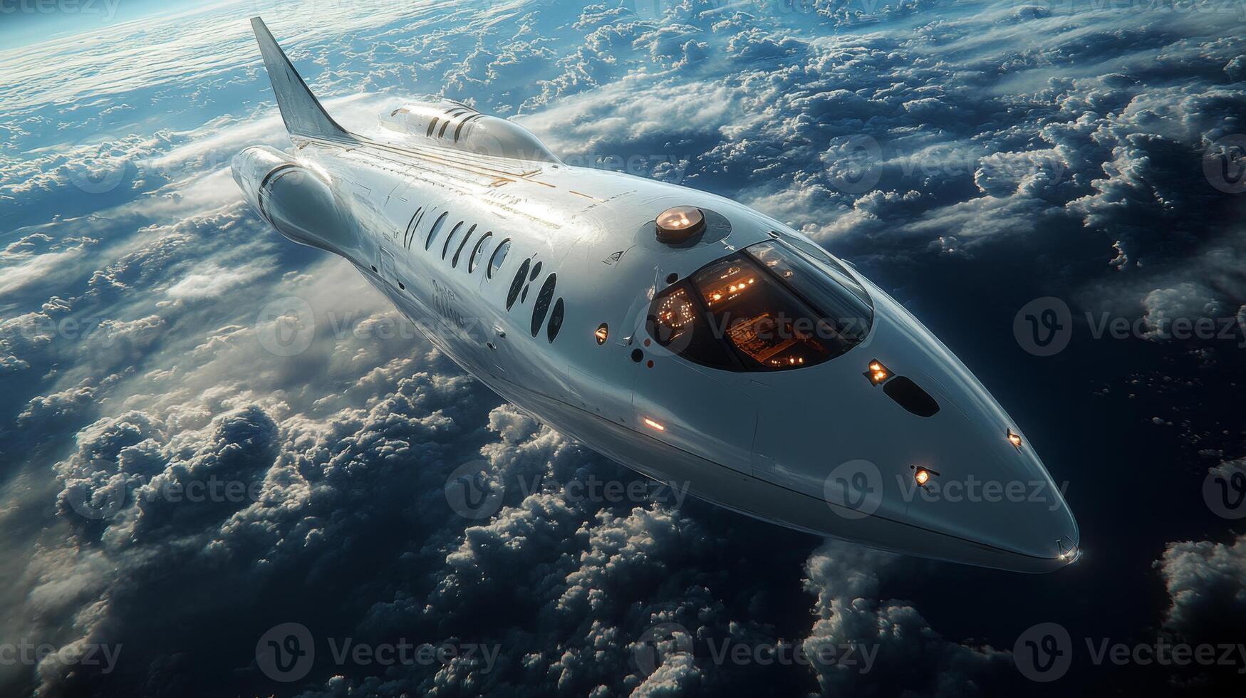 A sleek spaceplane ascends through the clouds, showcasing cutting edge aerospace engineering and hypersonic propulsion systems in a remarkable display of innovation and spaceflight. photo