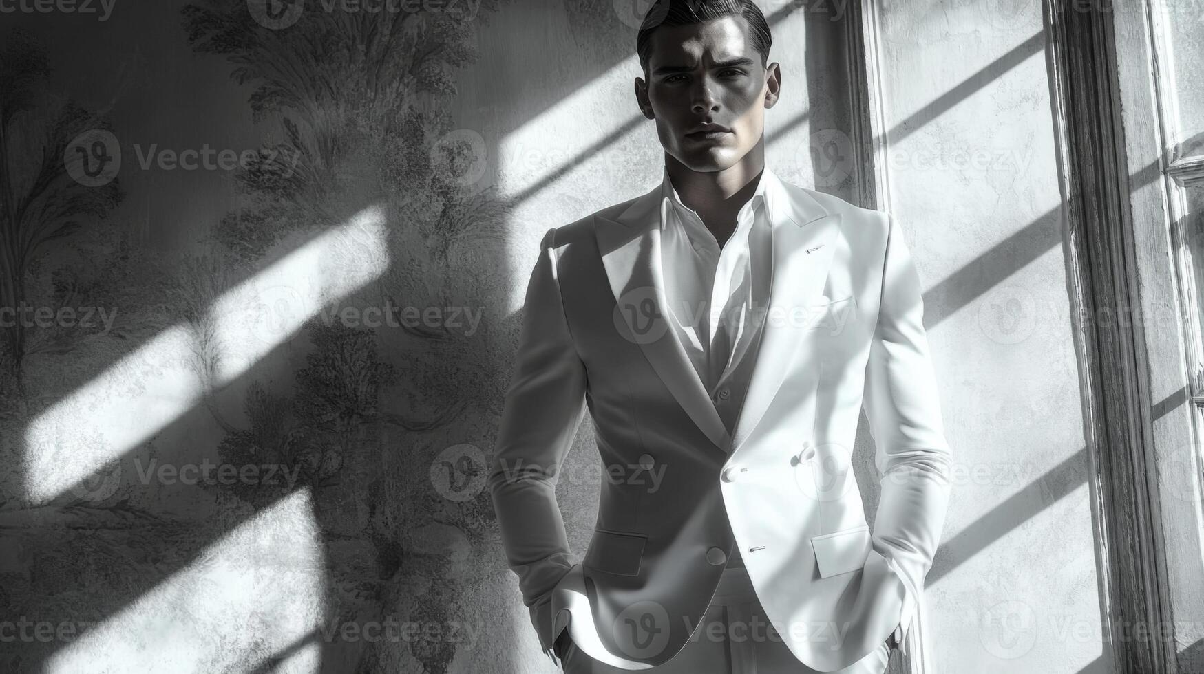 A model stands against a textured wall in a tailored white suit, bathed in striking light beams. The elegant posture and serious expression convey a sense of sophistication and confidence. photo