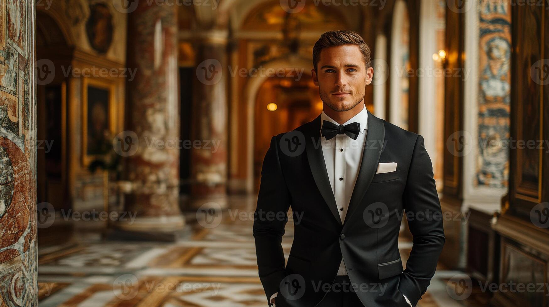 A stylishly dressed man in a tuxedo poses in an ornate corridor of a grand palace. The lavish architecture showcases intricate details and warm lighting, creating an inviting atmosphere. photo