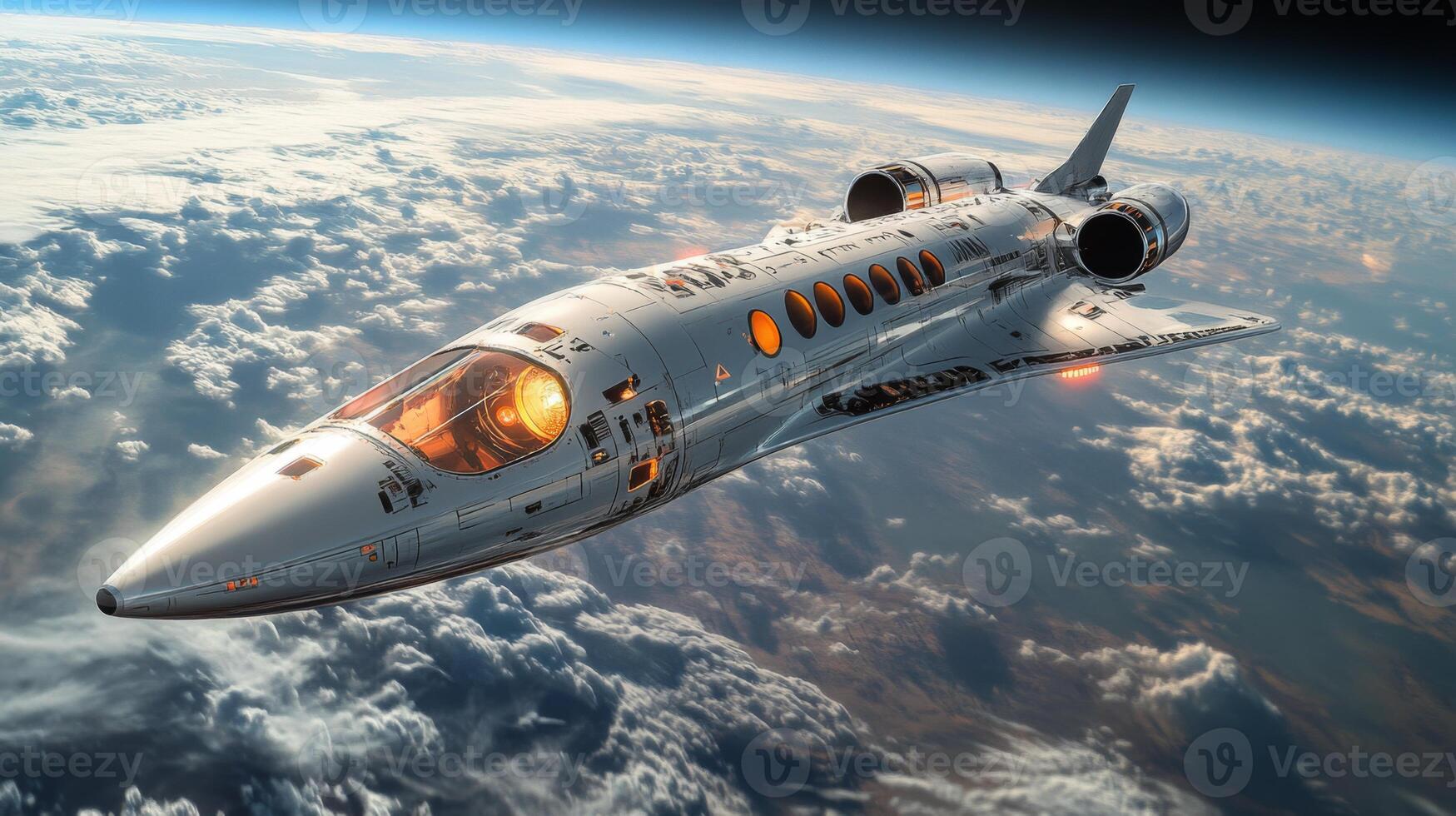 A sleek spaceplane glides through the upper atmosphere, demonstrating hypersonic capabilities with its cutting edge propulsion systems amid a backdrop of clouds and earth. photo