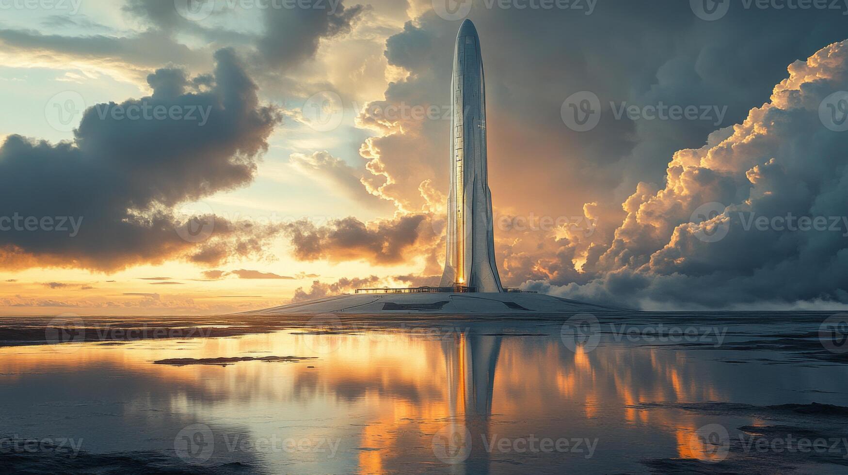 The futuristic rocket stands tall at the launch pad under a vibrant sunset sky. Clouds create a stunning backdrop, while reflections shimmer in the water below, highlighting innovation in aerospace. photo