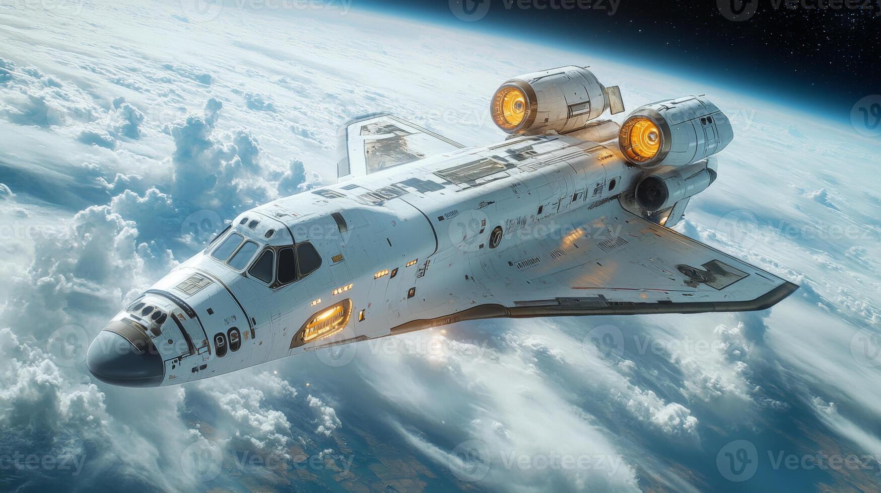A sleek spaceplane embarks on an exciting hypersonic flight, showcasing its advanced propulsion systems as it soars above the Earth, drifting through wisps of clouds in the atmosphere. photo