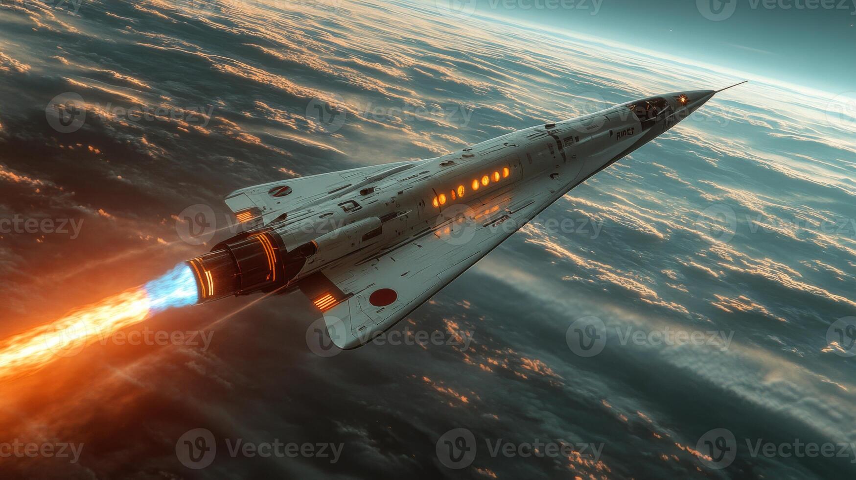 A rocket ascends into the sky with vibrant flames from its engine, demonstrating advanced propulsion and aerospace technology during a spaceflight mission designed for hypersonic travel. photo