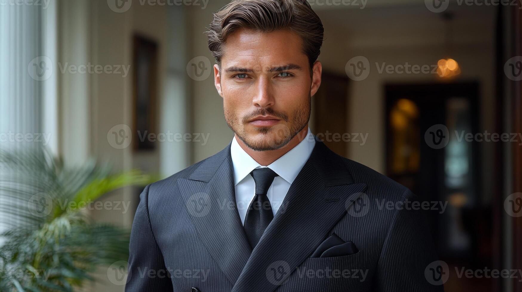 A well-dressed man stands confidently indoors, showcasing a tailored suit and groomed appearance. The sophisticated background features soft lighting and tasteful decor. photo