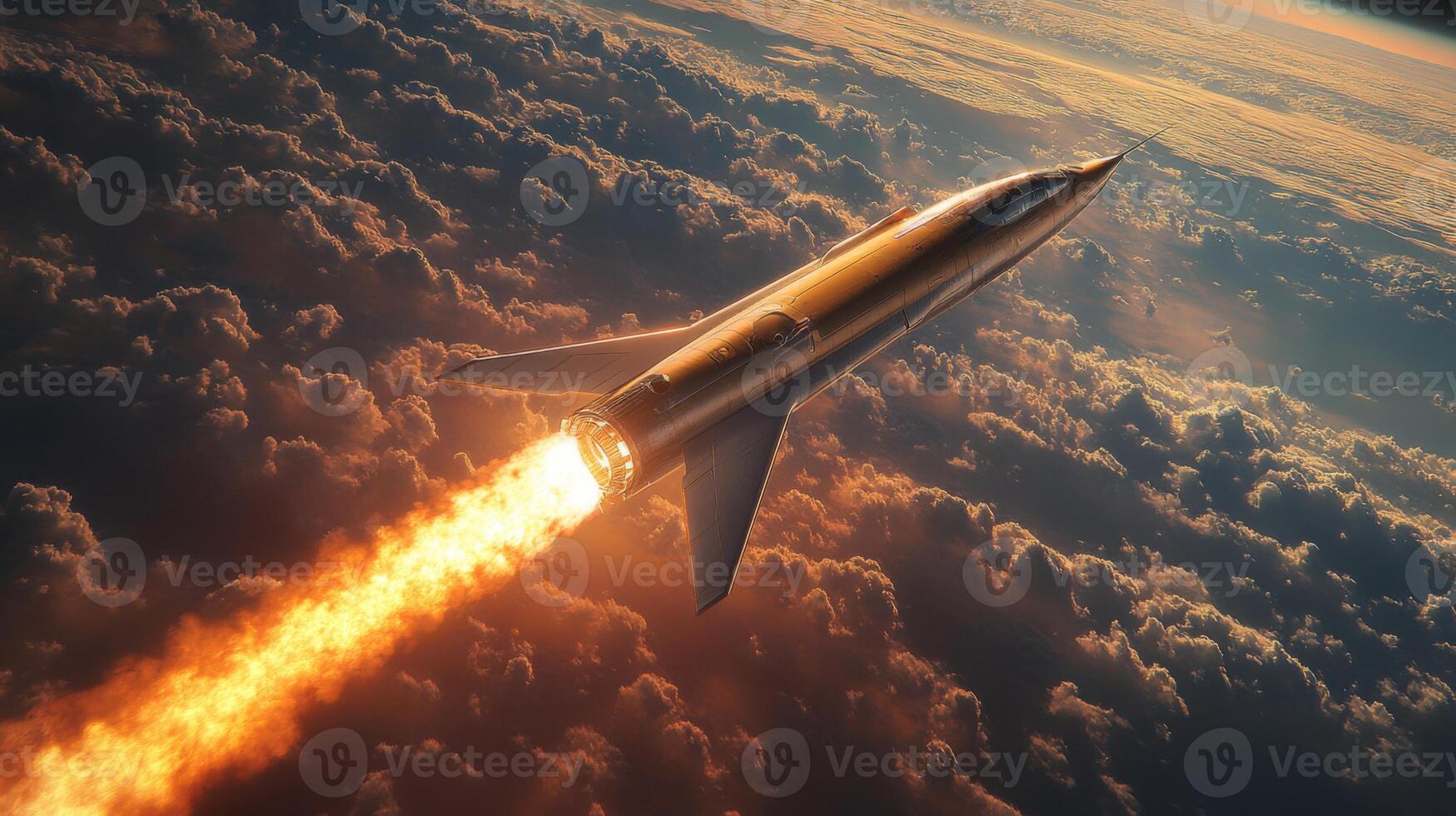 A rocket accelerates into the atmosphere, producing a brilliant plume of flames as it ascends toward the edge of space, showcasing advancements in aerospace technology and hypersonic flight. photo